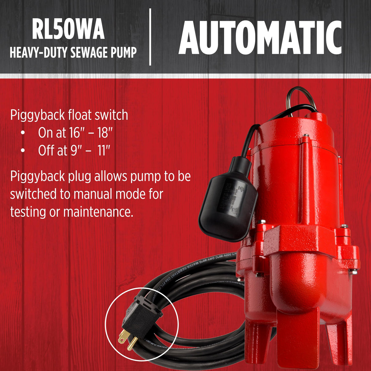 Red Lion RL50WA 115 Volt, 1/2 HP, 7200 GPH Sewage Pump with Piggyback Tethered Switch and 20-Ft. Power Cord, Red, 14942663