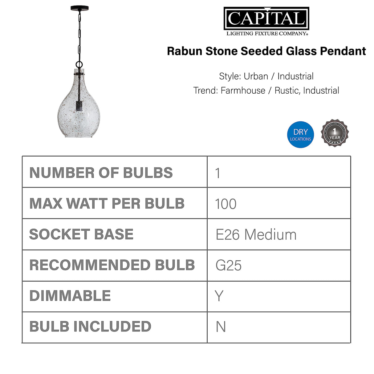 Capital Lighting 333813MB-472 Rabun 1 Light Pendant Matte Black (Showroom Display for Sale)