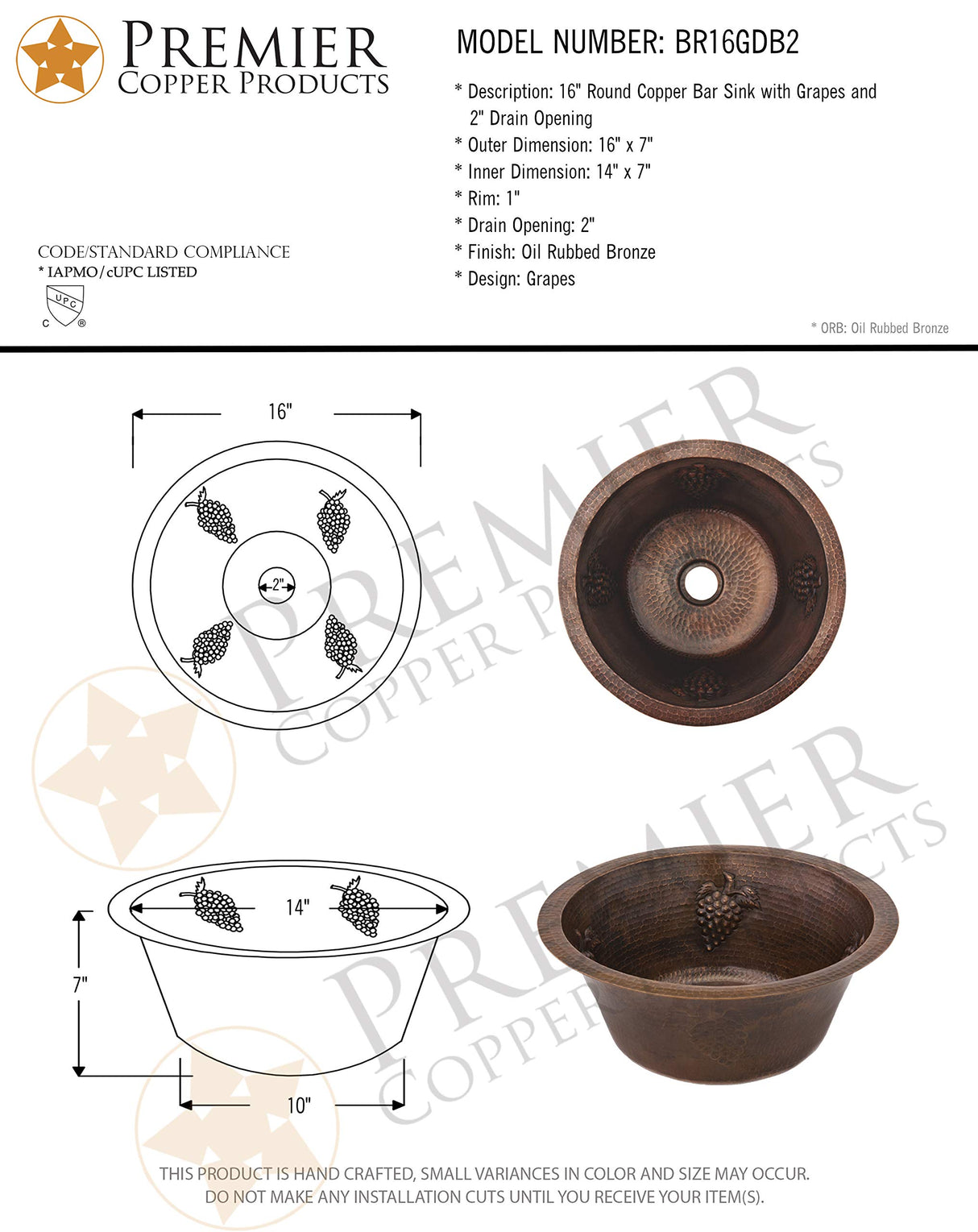 Premier Copper Products BR16GDB2 16-Inch Universal Round Hammered Copper with Grapes Bar Sink and 2-Inch Drain Size, Oil Rubbed Bronze