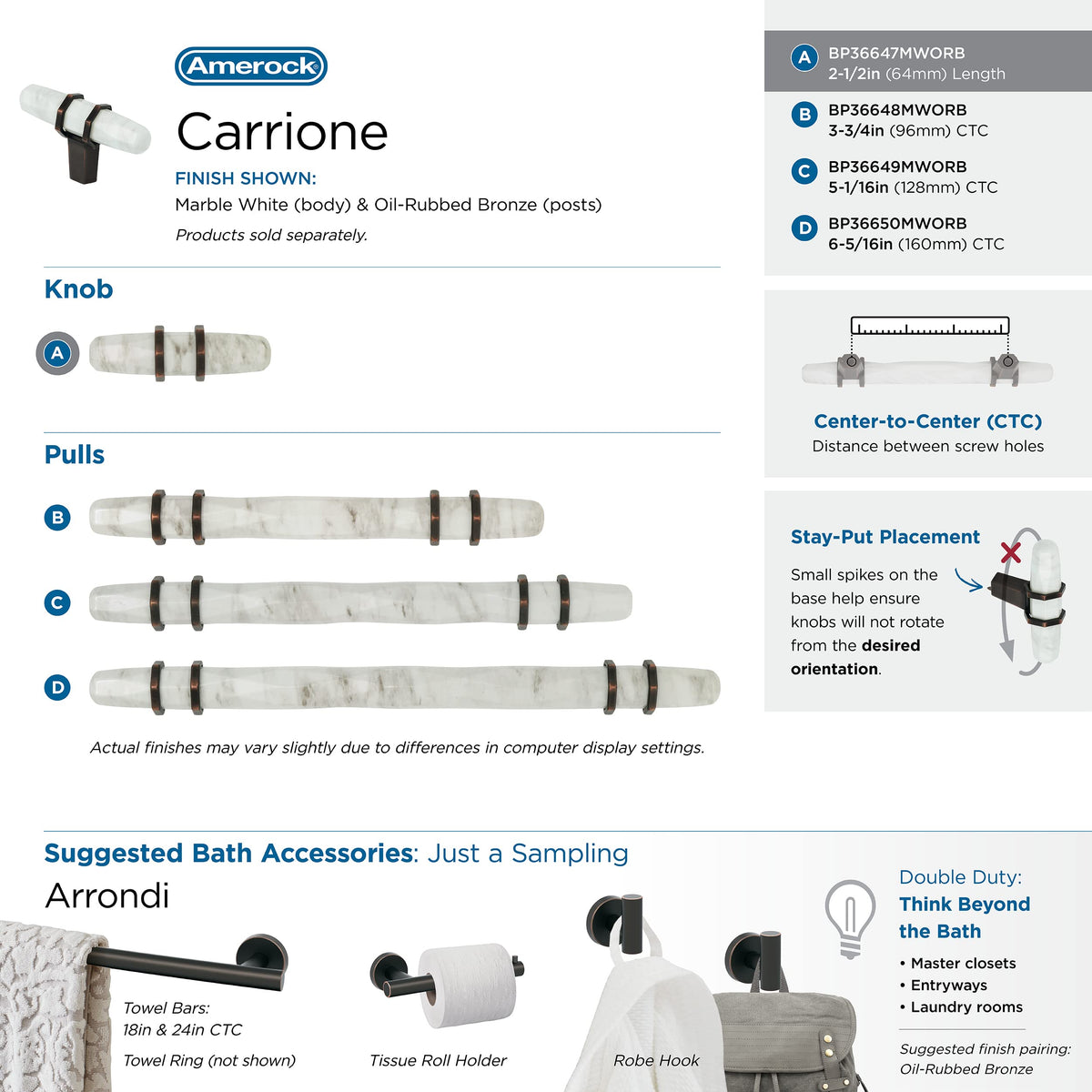 Amerock Cabinet Knob Marble White/Oil-Rubbed Bronze 2-1/2 inch (64 mm) Length Carrione 1 Pack Drawer Knob Cabinet Hardware