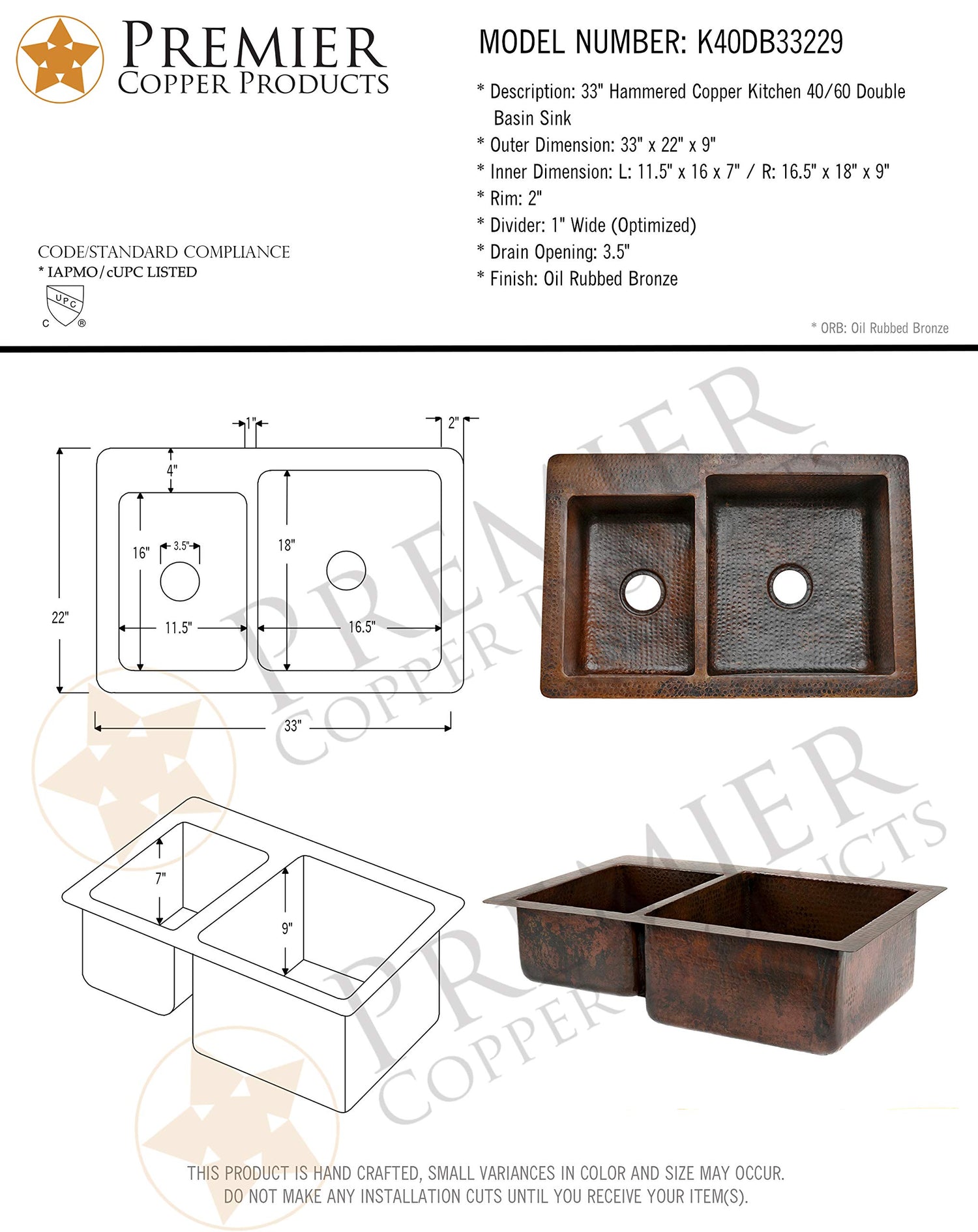 Premier Copper Products K40DB33229 33-Inch Hammered Copper Kitchen 40/60 Double Basin Sink, Oil Rubbed Bronze