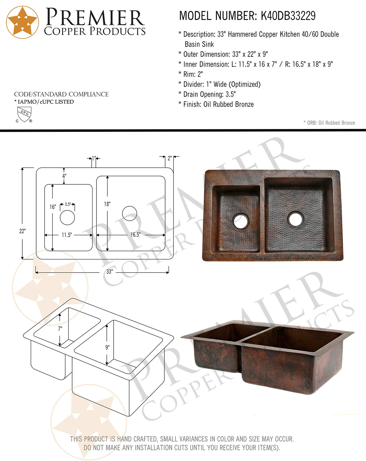 Premier Copper Products K40DB33229 33-Inch Hammered Copper Kitchen 40/60 Double Basin Sink, Oil Rubbed Bronze