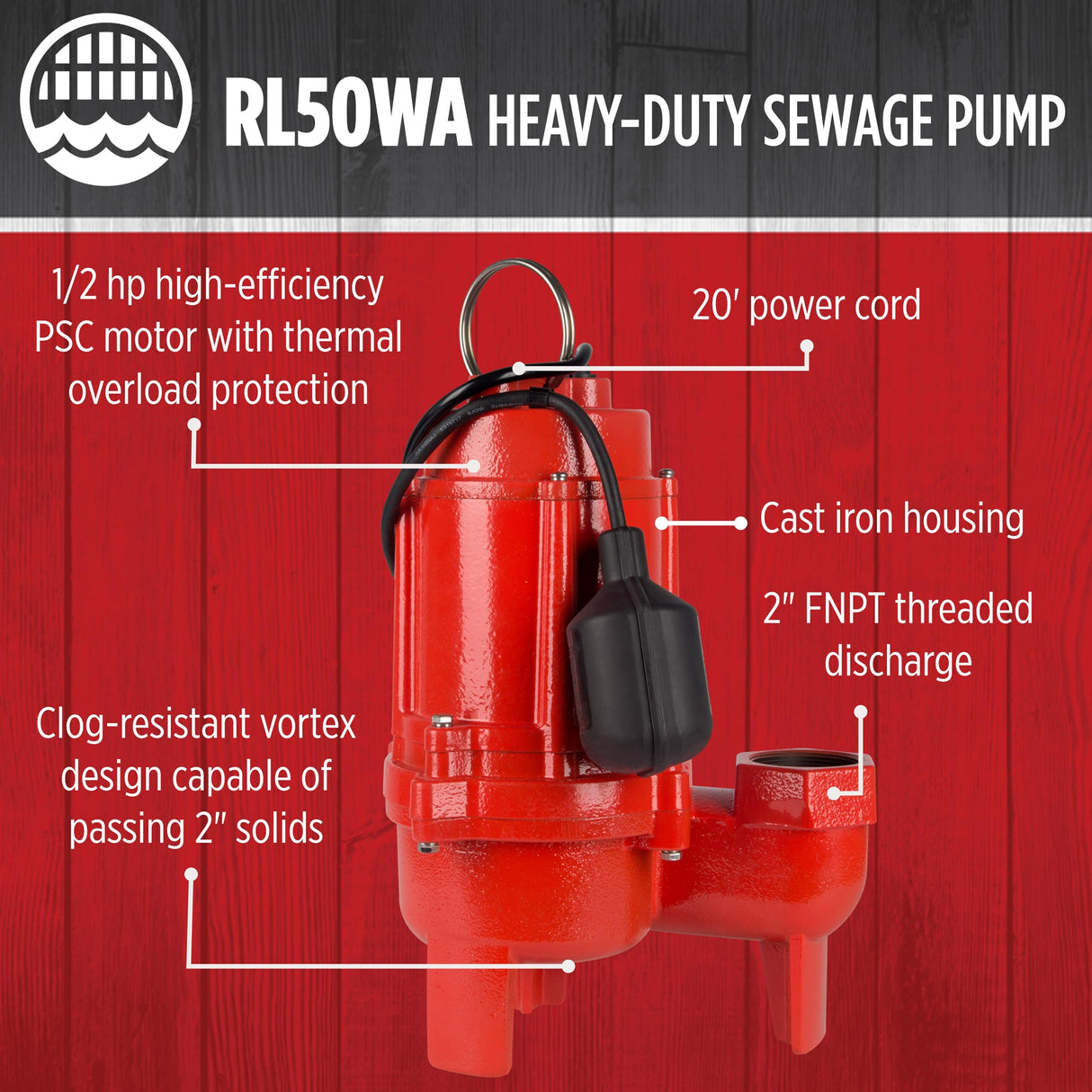 Red Lion RL50WA 115 Volt, 1/2 HP, 7200 GPH Sewage Pump with Piggyback Tethered Switch and 20-Ft. Power Cord, Red, 14942663
