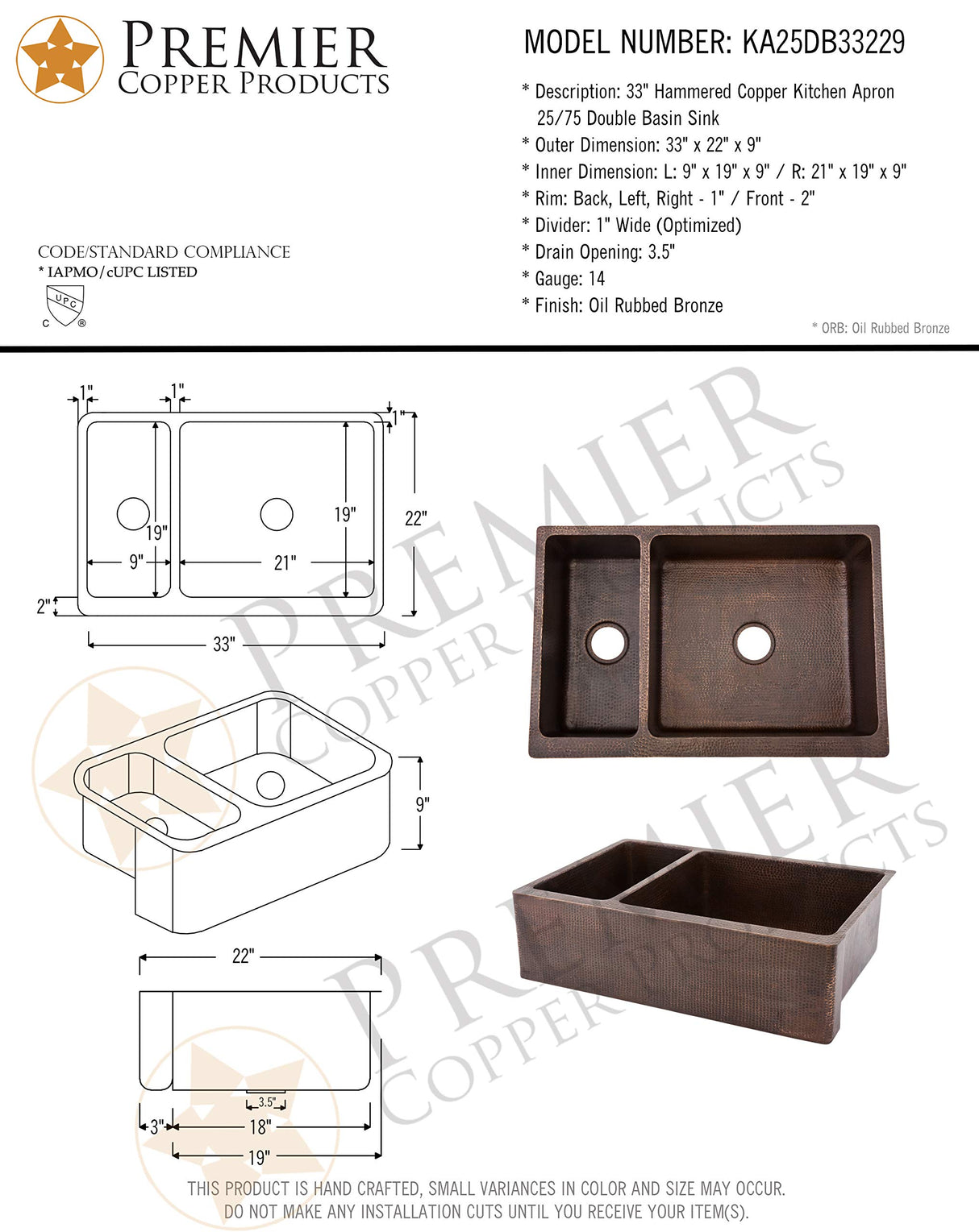 Premier Copper Products KA25DB33229 33-Inch Hammered Copper Kitchen Apron 25/75 Double Basin Sink, Oil Rubbed Bronze