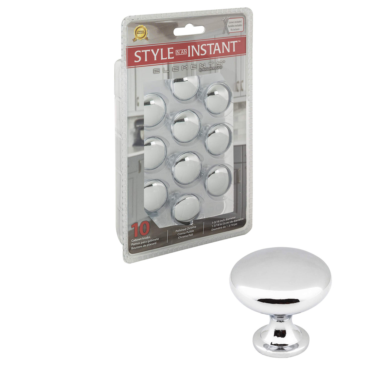 Elements 3910-PC-R 1-3/16" Diameter Polished Chrome Madison Retail Packaged Cabinet Mushroom Knob
