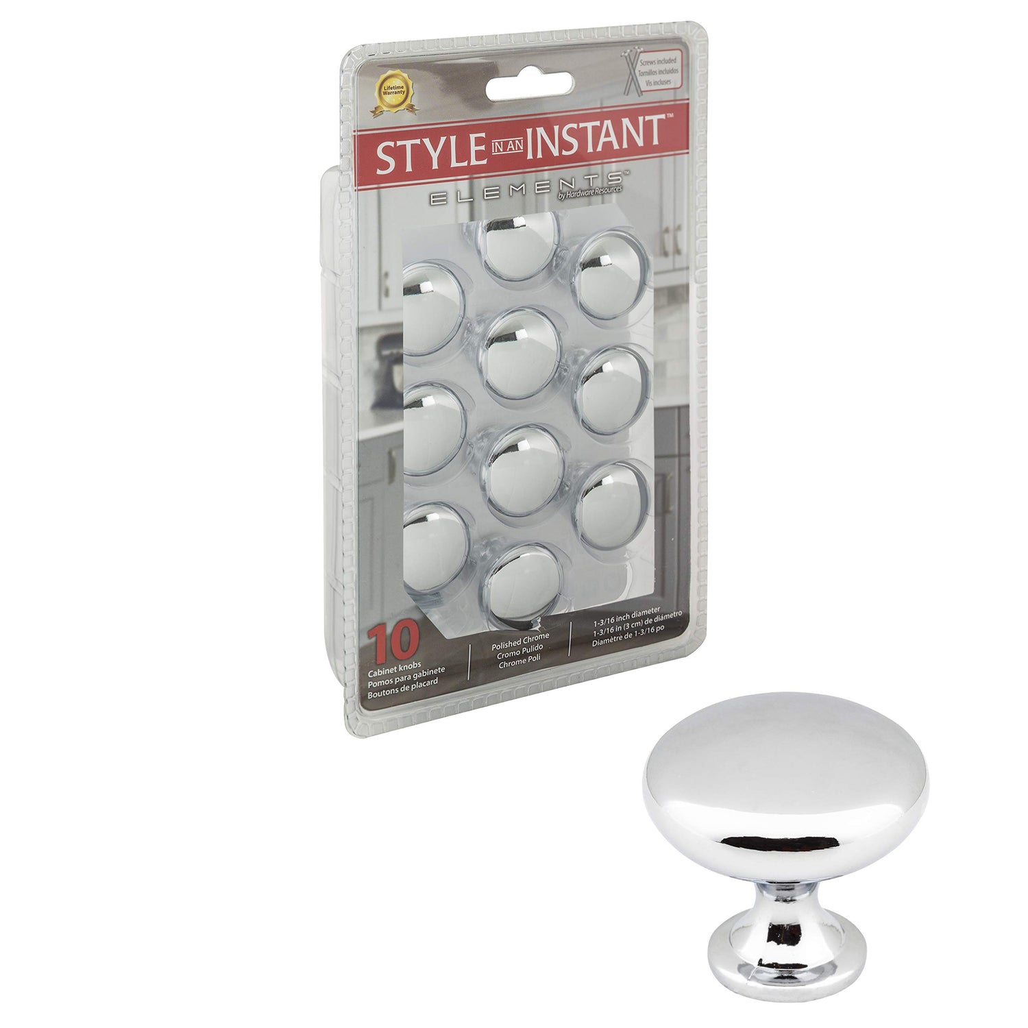 Elements 3910-PC-R 1-3/16" Diameter Polished Chrome Madison Retail Packaged Cabinet Mushroom Knob