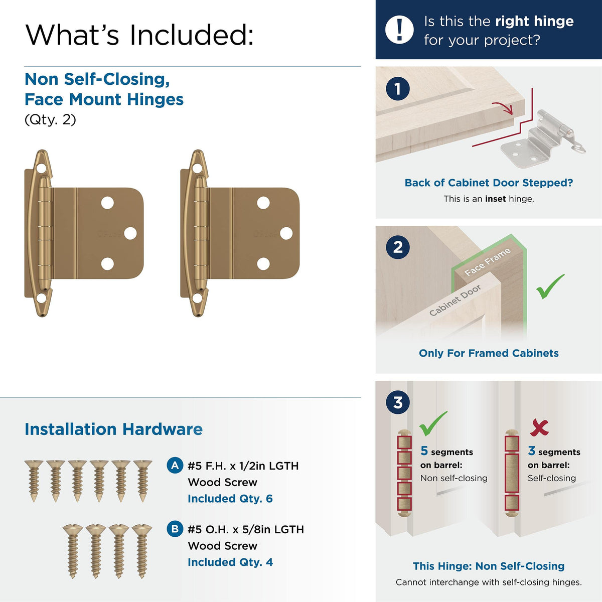 Amerock BPR3417CZ Cabinet Hinge 3/8 in (10 mm) Inset Non-Self Closing Face Mount Champagne Bronze Kitchen Cabinet Door Hinge 1 Pair/2 Pack Functional Hardware