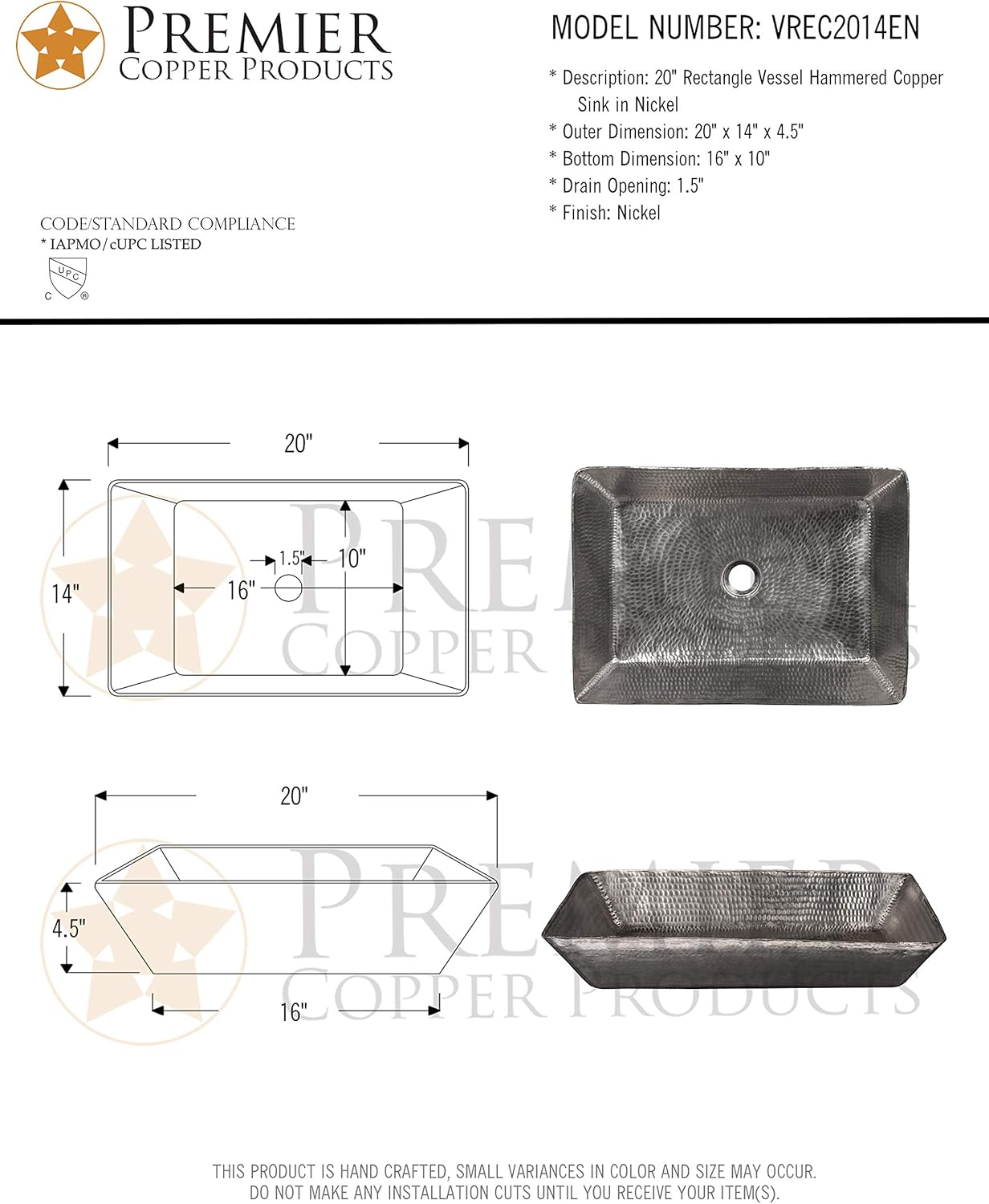 Premier Copper Products VREC2014EN 20″ Rectangle Copper Vessel Sink