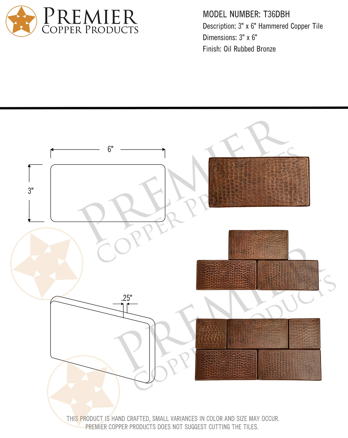 Premier Copper Products T36DBH 3-Inch x 6-Inch Hammered Copper Tile