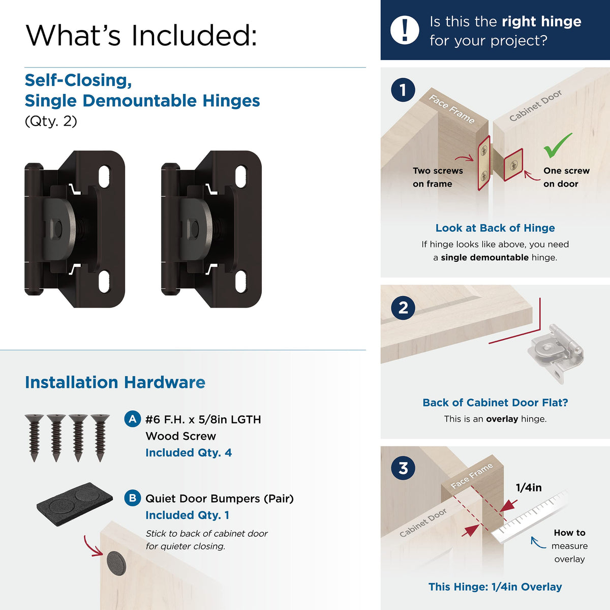 Amerock Single Demountable Cabinet Hinge 1/4 inch (6 mm) Overlay Hinge Oil Rubbed Bronze 2 Pack Self-Closing Hinge Cabinet Door Hinge