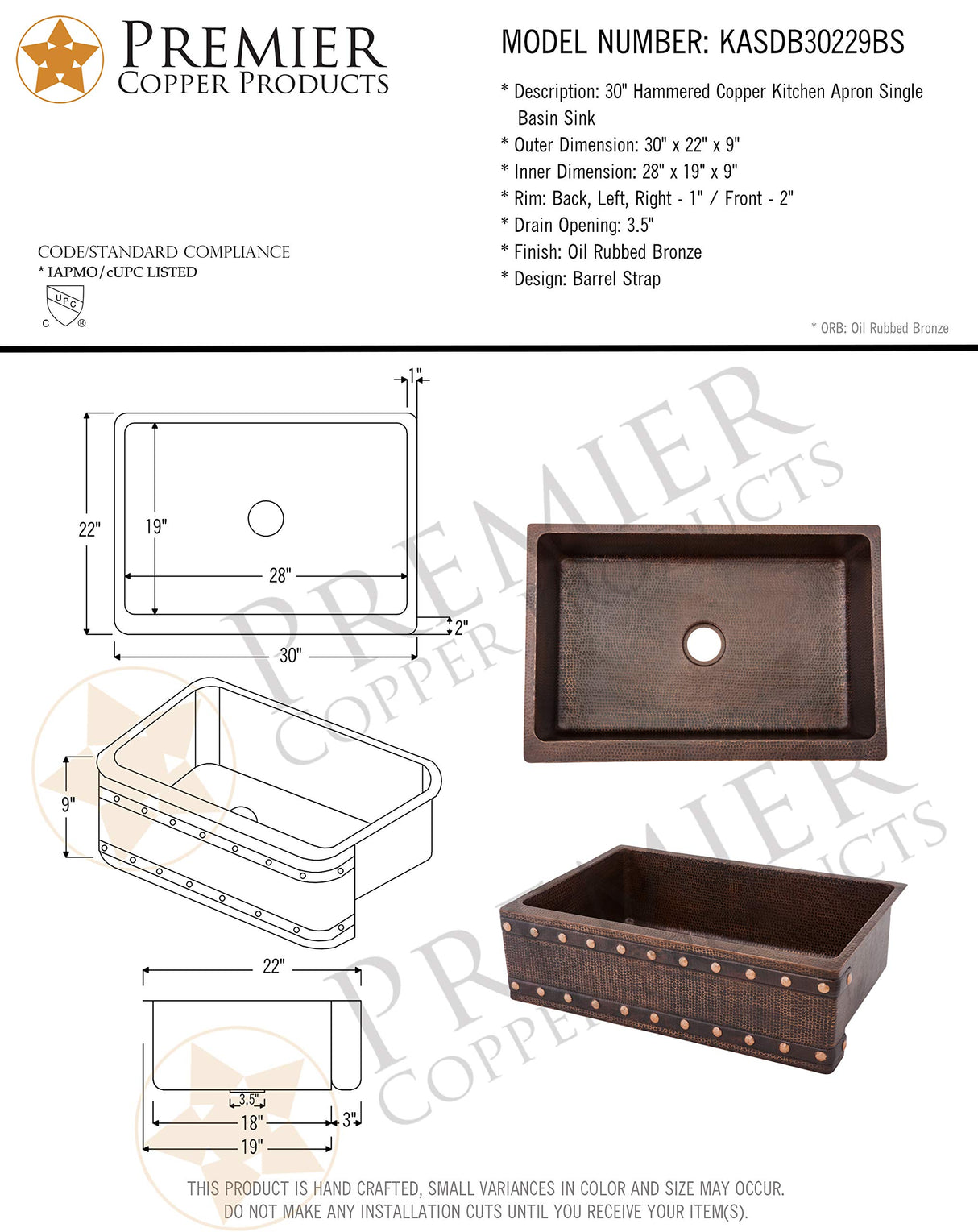 Premier Copper Products 30-inch Hammered Copper Apron Front Single Basin Kitchen Sink w/Barrel Strap Design