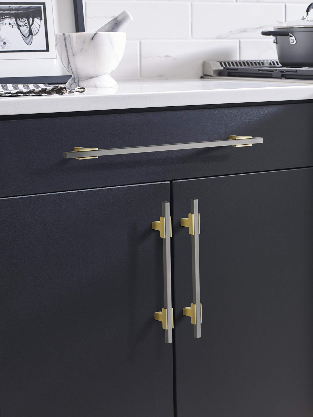Amerock Cabinet Pull Brushed Gold/Black Chrome 5-1/16 inch (128 mm) Center to Center Urbanite 1 Pack Drawer Pull Drawer Handle Cabinet Hardware