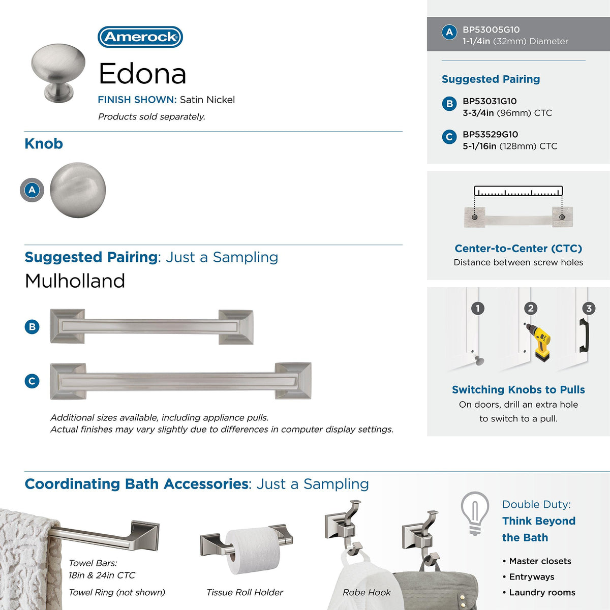 Amerock Cabinet Knob Satin Nickel 1-1/4 inch (32 mm) Diameter Edona 1 Pack Drawer Knob Cabinet Hardware
