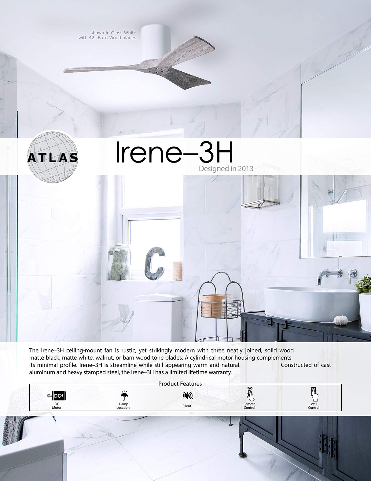 Matthews Fan IR3H-WH-MWH-52 Irene-3H three-blade flush mount paddle fan in Gloss White finish with 52” solid matte white wood blades.