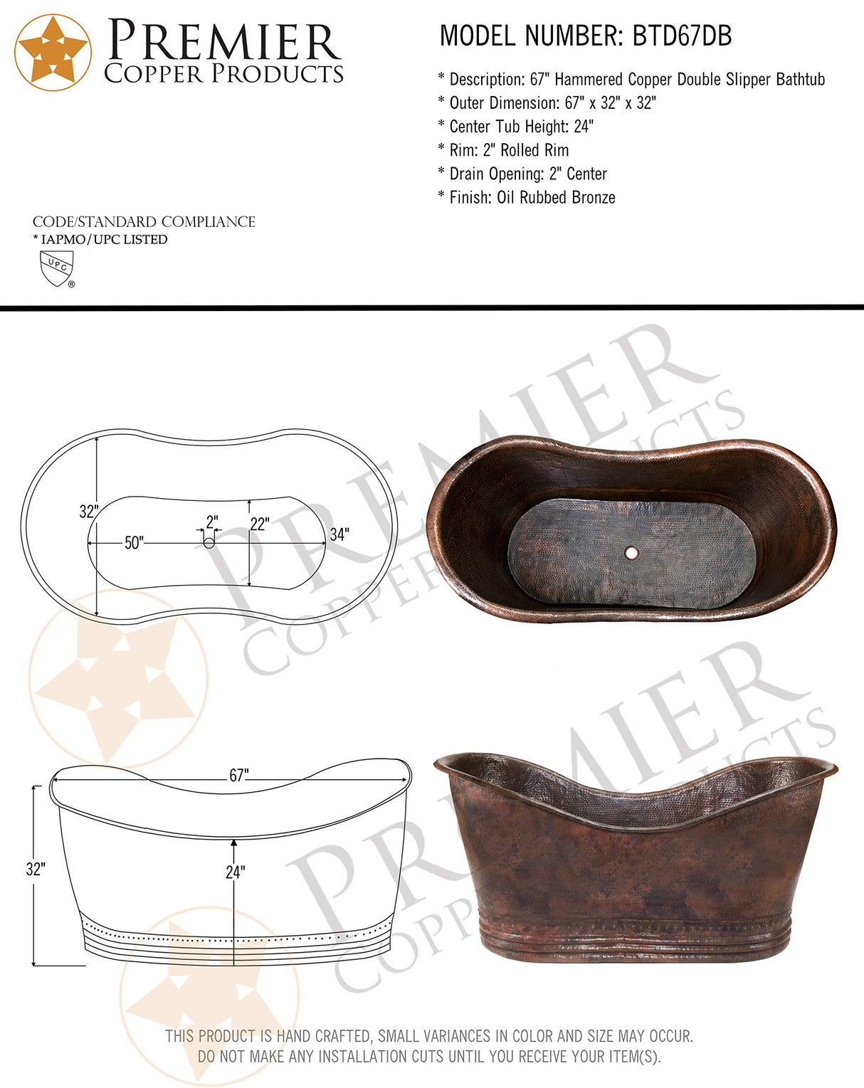 Premier Copper Products BTD67DB 67-Inch Hammered Copper Double Slipper Bathtub, Oil Rubbed Bronze