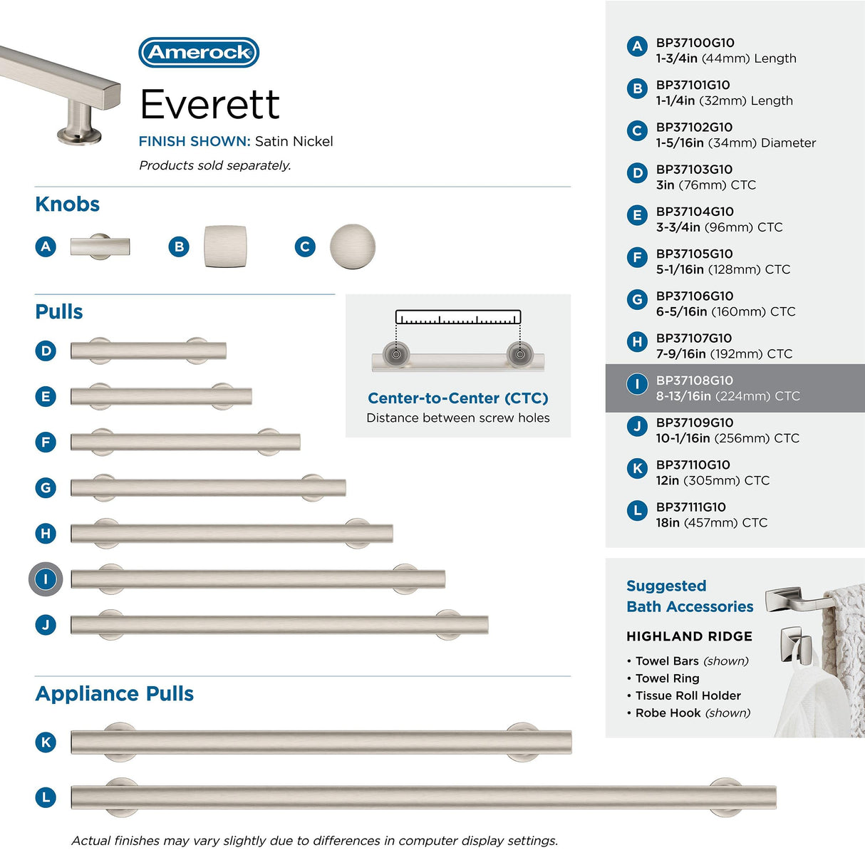 Amerock Corp BP37108G10 Everett Pull, 8-13/16 in (224 mm) Center-to-Center, Satin Nickel
