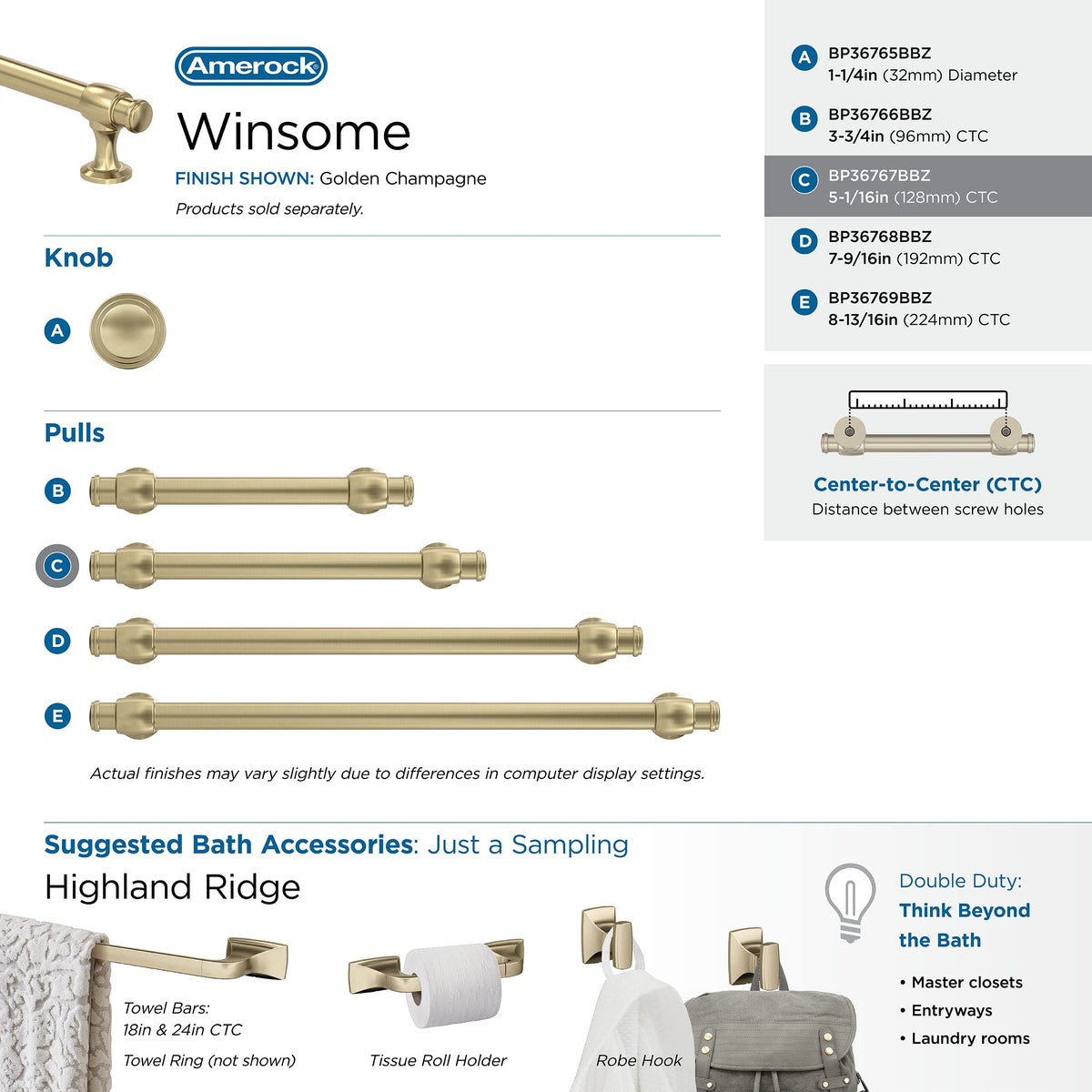 Amerock Cabinet Pull Golden Champagne 5-1/16 in (128 mm) Center-to-Center Drawer Pull Winsome Kitchen and Bath Hardware Furniture Hardware