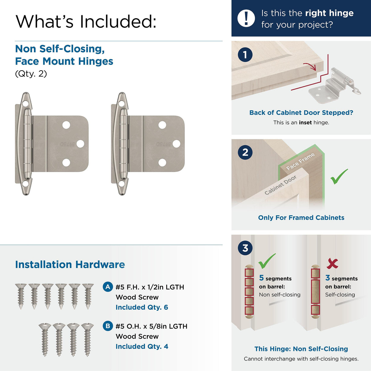 Amerock Cabinet Hinge 3/8 inch (10 mm) Inset Hinge Satin Nickel 2 Pack Non Self-Closing Hinge Face Mount Hinge Cabinet Door Hinge, 2.75 x 2 x 0.69 inches