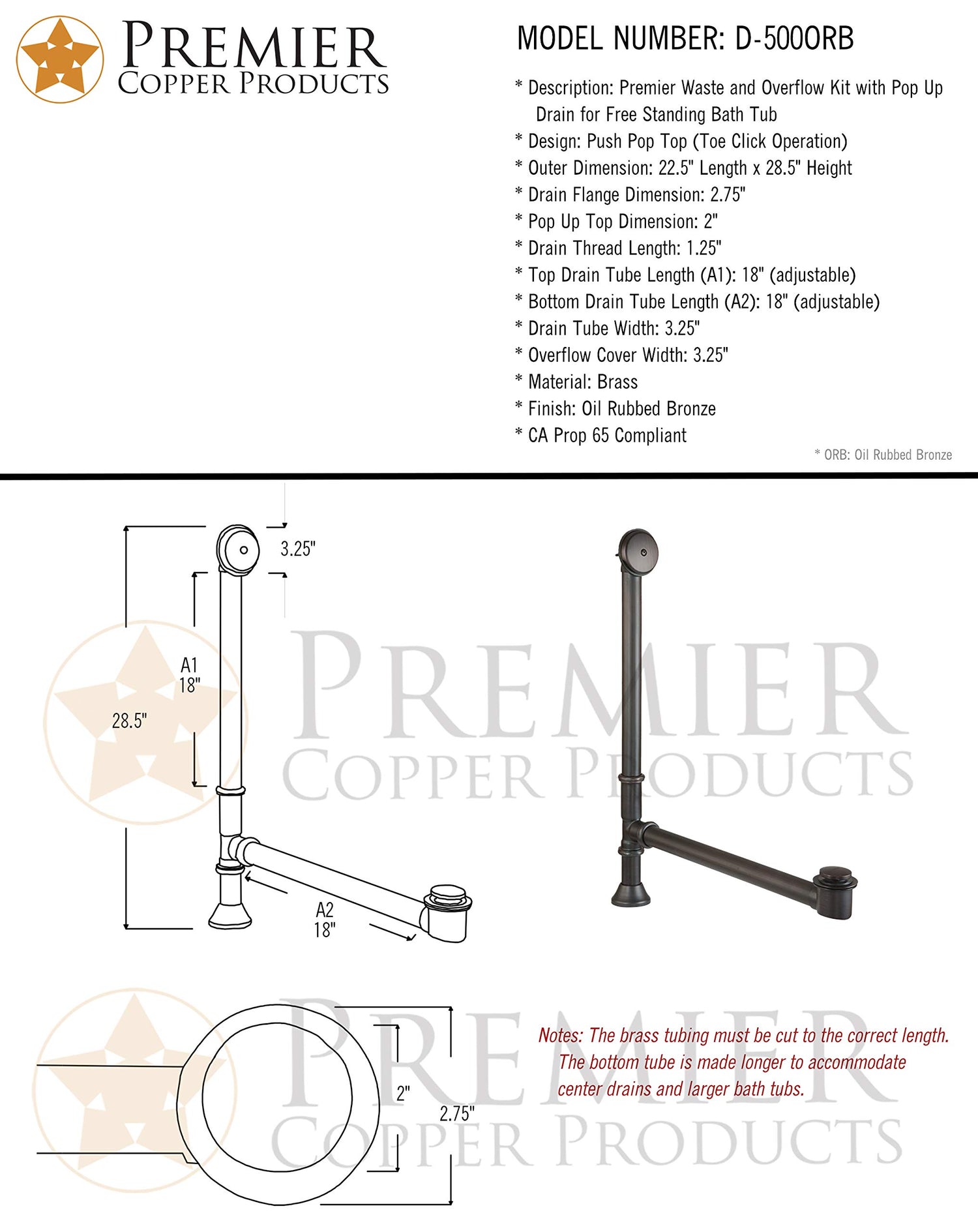 Premier Waste and Overflow Kit with Pop Up Drain