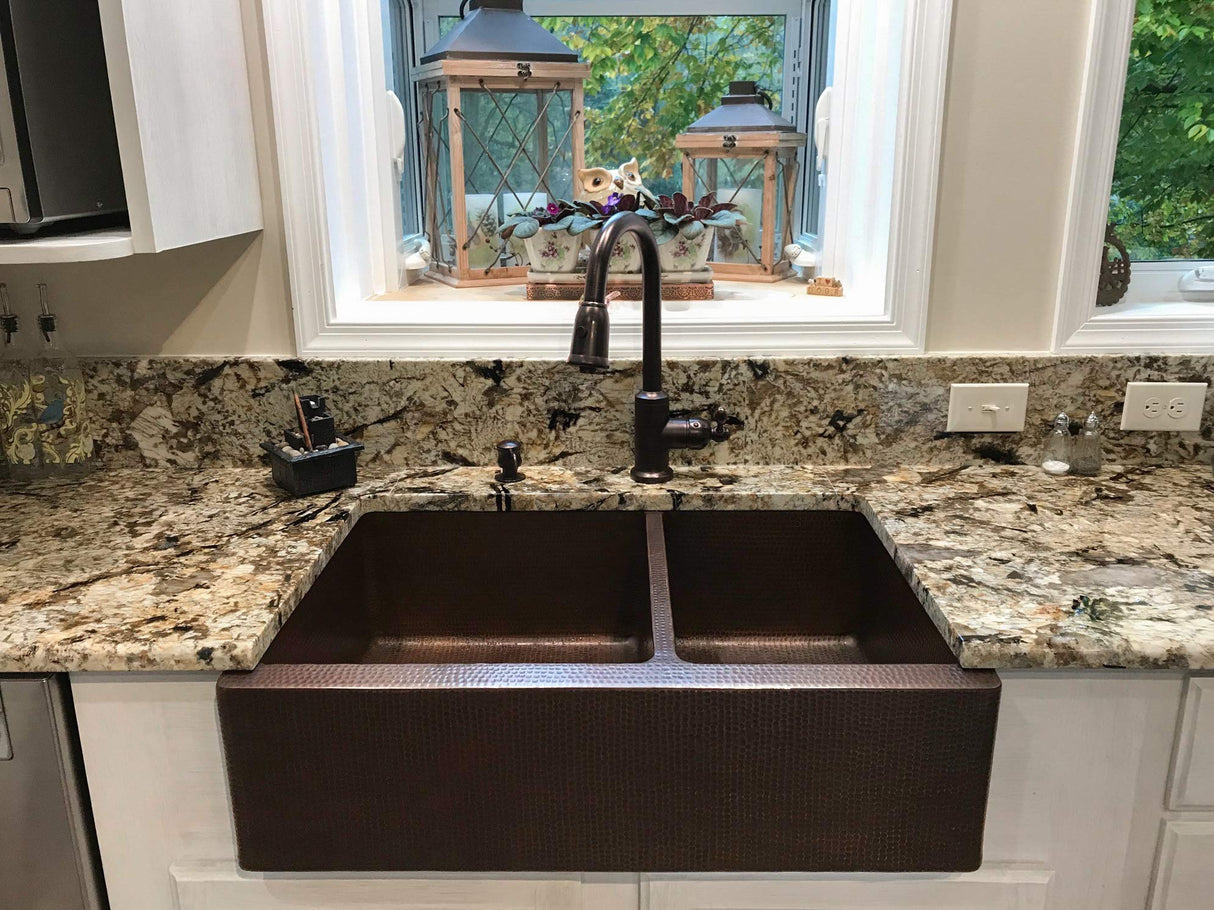 Premier Copper Products KA60DB33229 33-Inch Hammered Copper Kitchen Apron 60/40 Double Basin Sink, Oil Rubbed Bronze