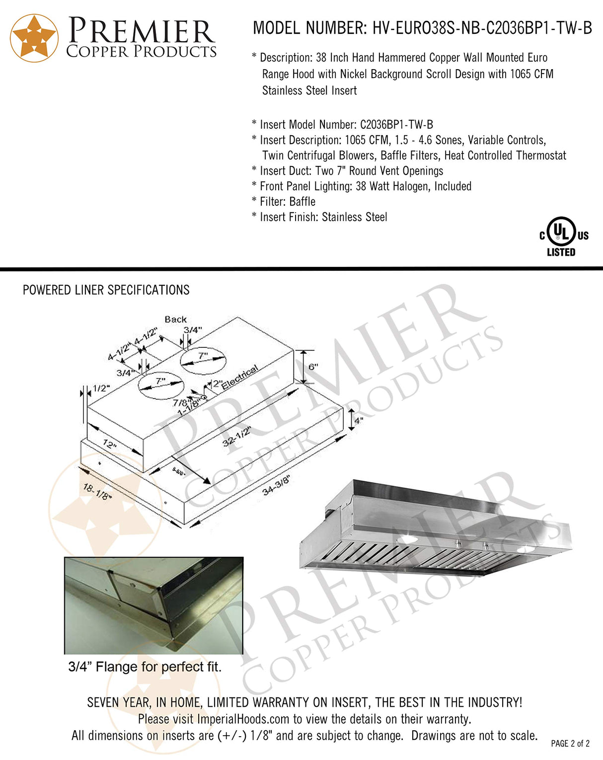 Premier Copper ProductsHV-EURO38S-NB-C2036BP1-TW 38-Inch 1250 CFM Hand Hammered Copper Wall Mounted Euro Range Hood with Nickel Background Scroll Design and Screen Filters