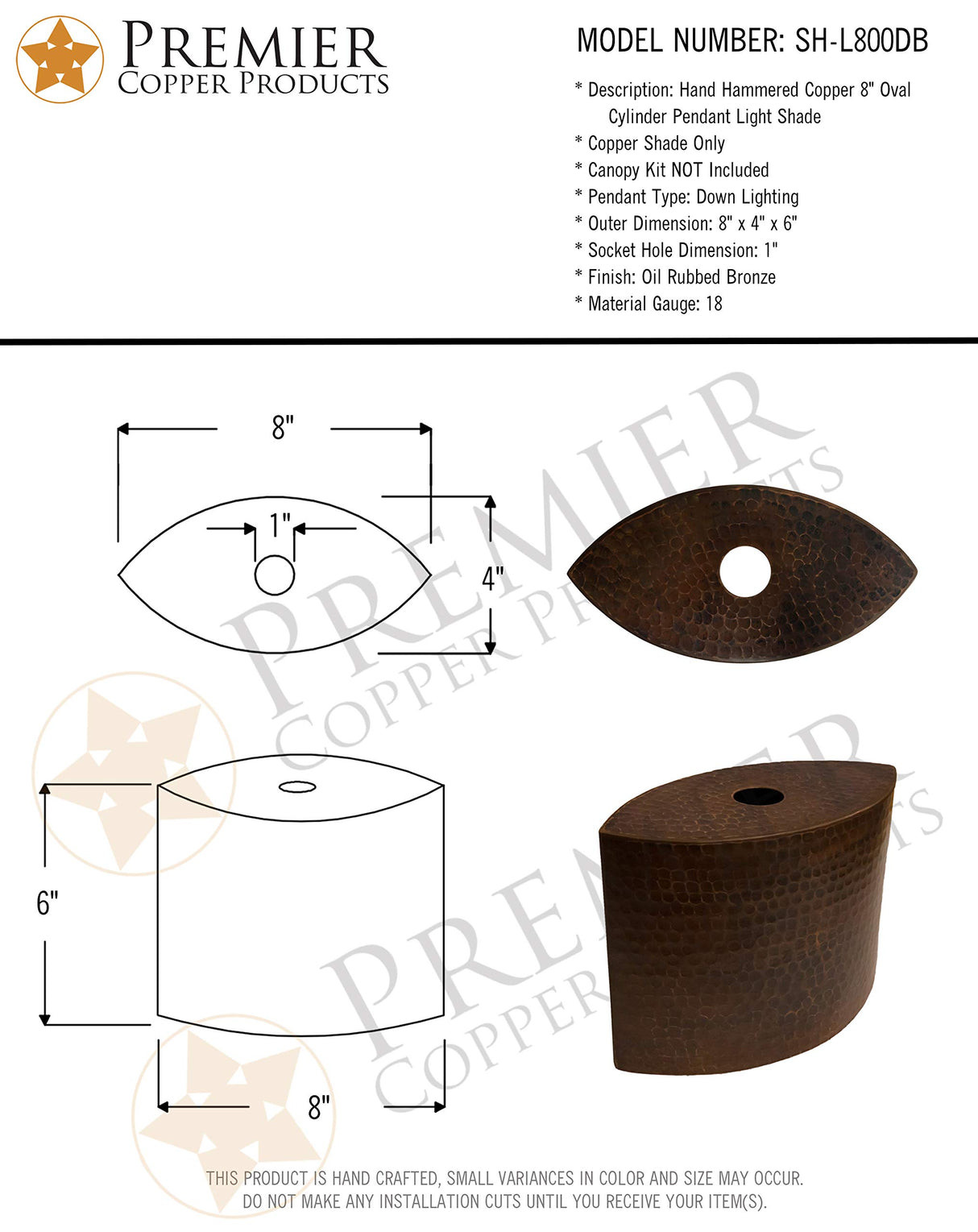 Premier Copper Products SH-L800DB Shade for Premier Copper Products L800