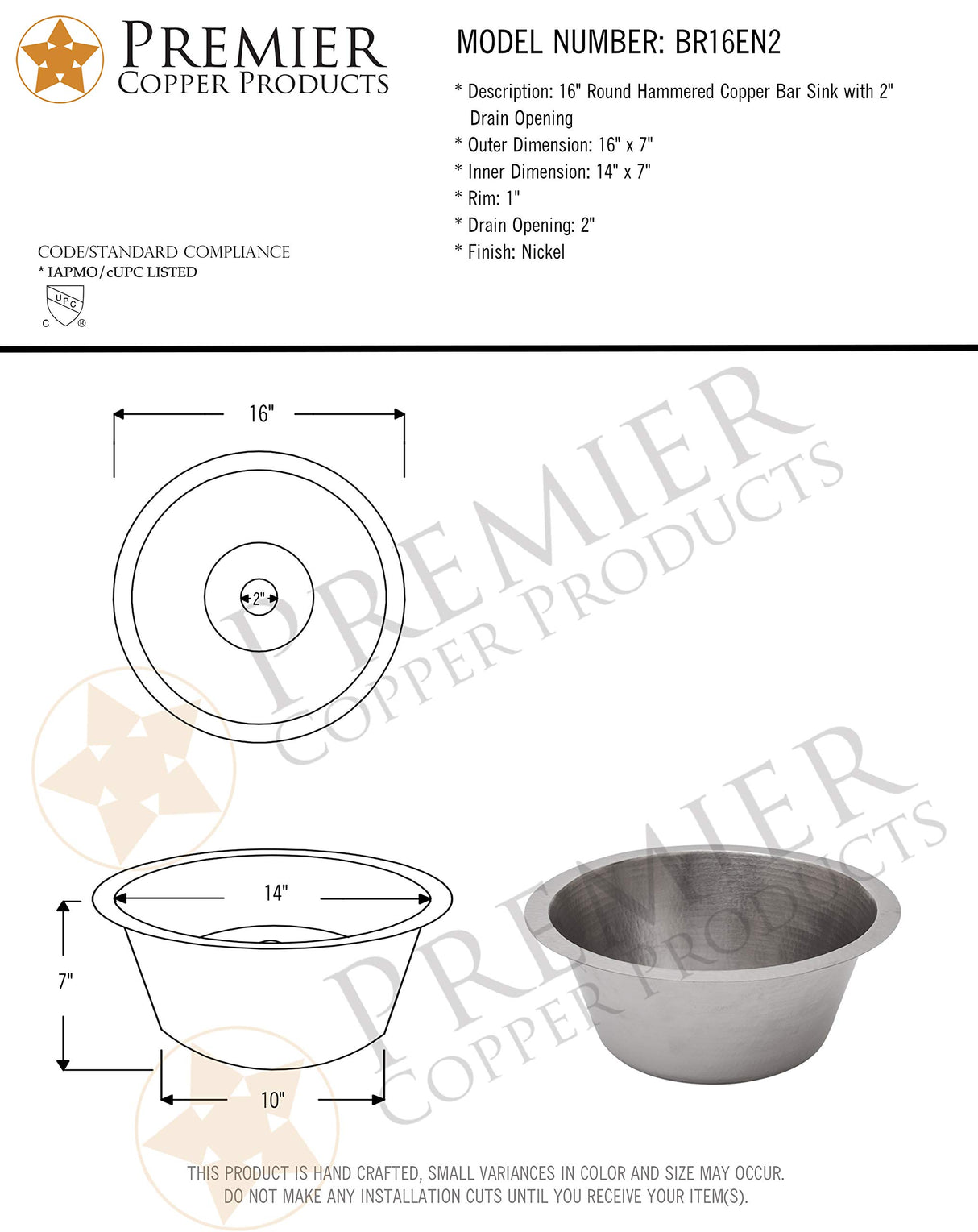 Premier Copper Products BR16EN2 16-Inch Round Hammered Copper Bar Sink in Nickel with 2-Inch Drain Size