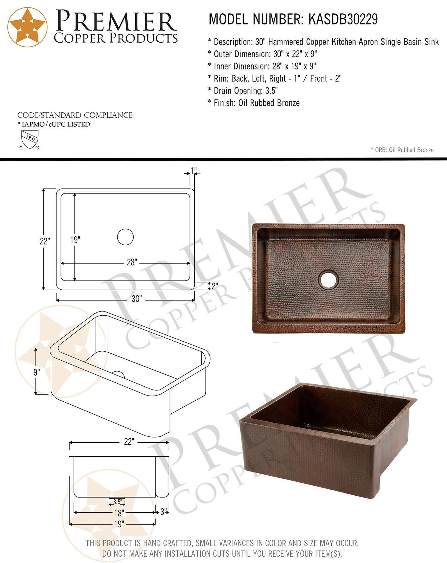 Premier Copper Products KASDB30229 30-Inch Copper Hammered Kitchen Apron Single Basin Sink, Oil Rubbed Bronze