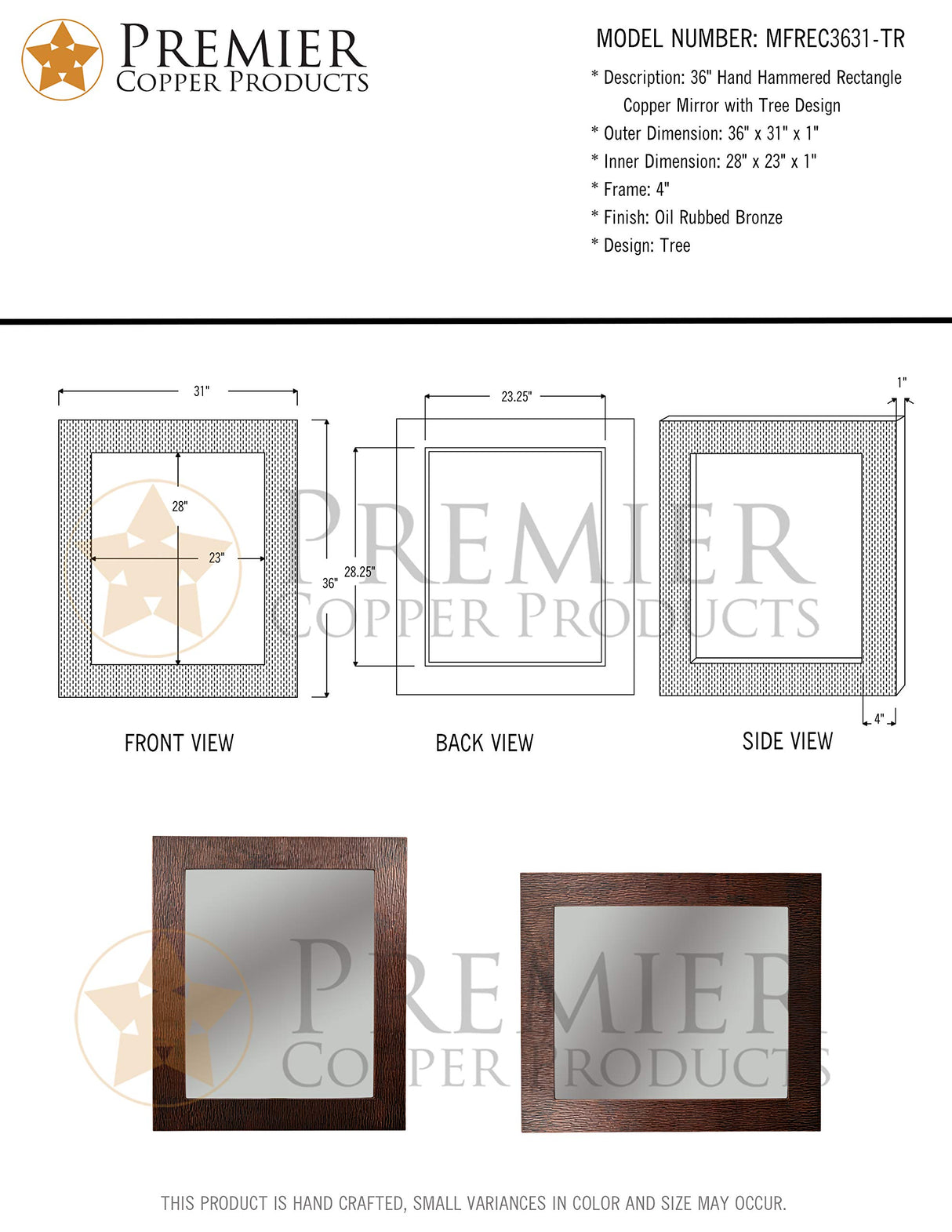 Premier Copper Products MFREC3631-TR Hand Hammered 36-Inch x 31-Inch Framed Mirror