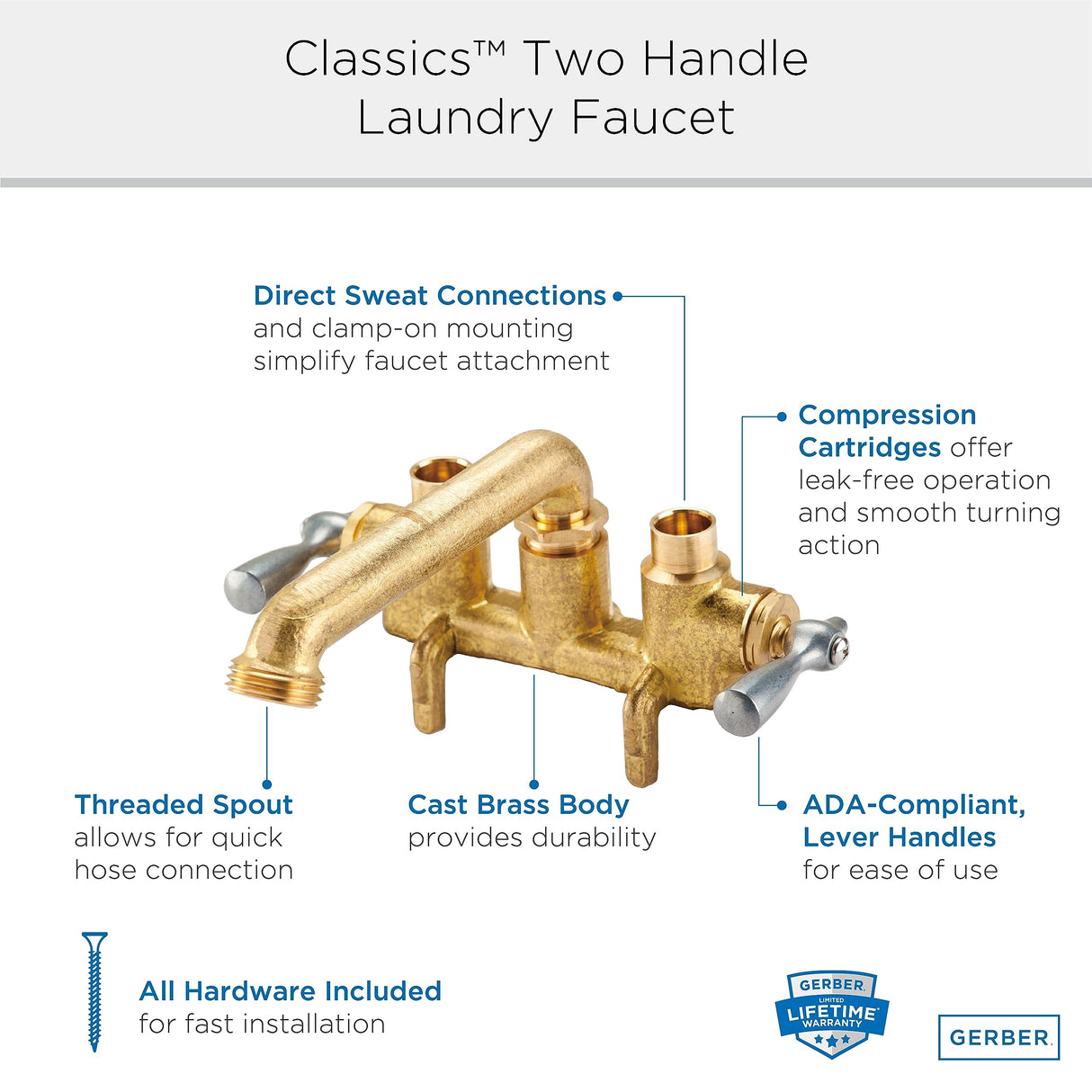 Gerber G0049531 Rough Brass Classics Two Handle Clamp On Laundry Faucet W/ D...