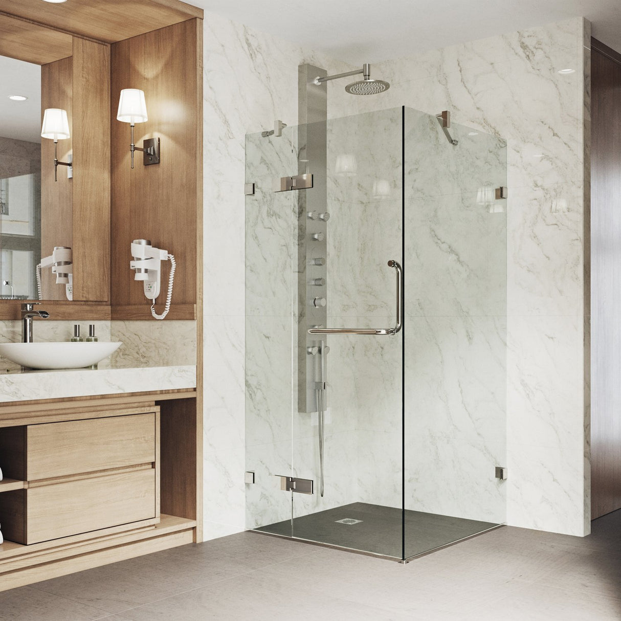 VIGO 30 in. x 30 in. x 73 in. Monteray Frameless Hinged Square Shower Enclosure with Clear 0.38" Tempered Glass and Hardware in Brushed Nickel Finish with Reversible Handle - VG6011BNCL32