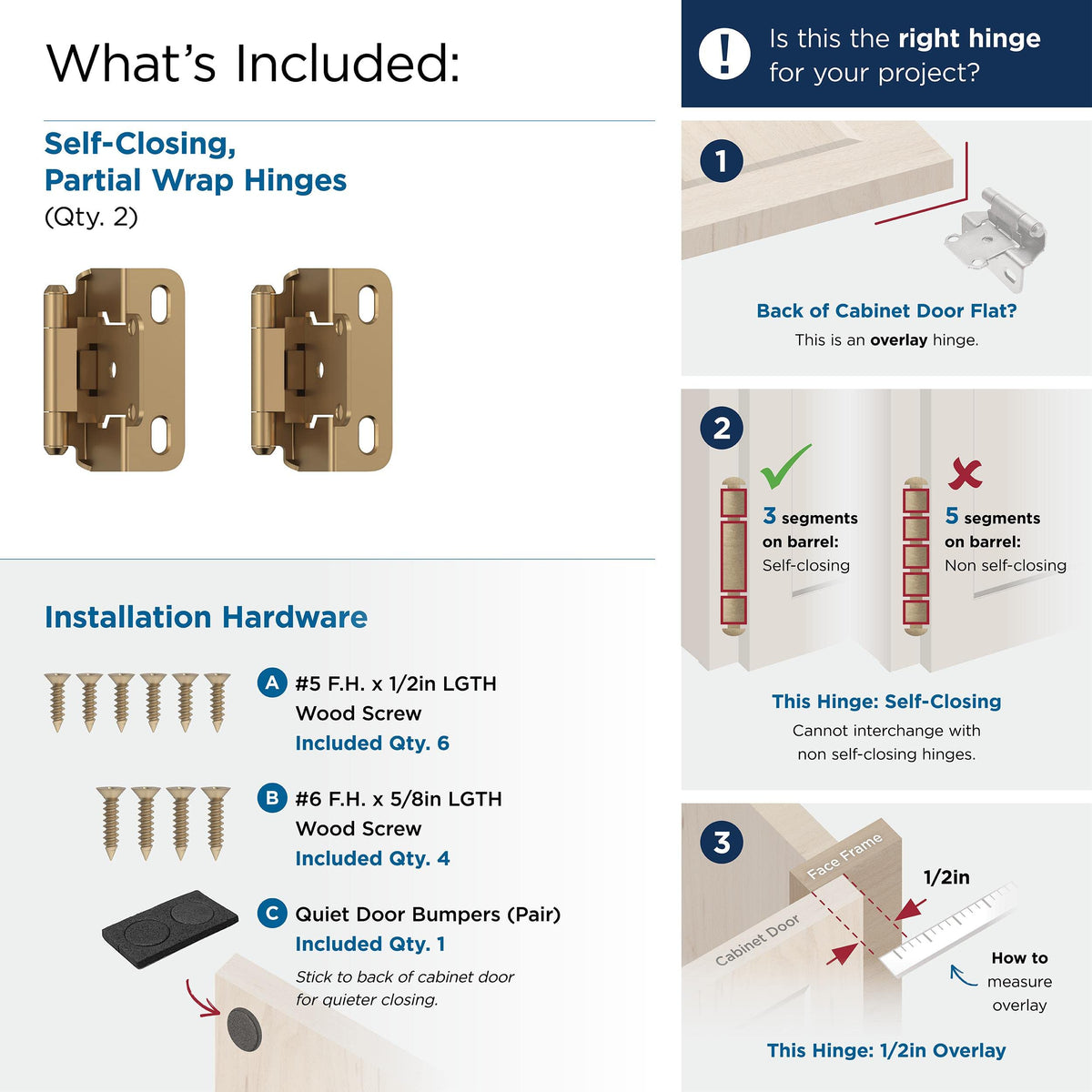 Amerock BPR7550CZ Cabinet Hinge 1/2 in (13 mm) Overlay Self Closing Partial Wrap Champagne Bronze Kitchen Cabinet Door Hinge 1 Pair/2 Pack Functional Hardware
