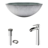 VIGO VGT1061 16.5" L -16.5" W -10.5" H Handmade Glass Round Vessel Bathroom Sink Set in Simply Silver Finish with Brushed Nickel Single-Handle Single Hole Waterfall Faucet and Pop Up Drain