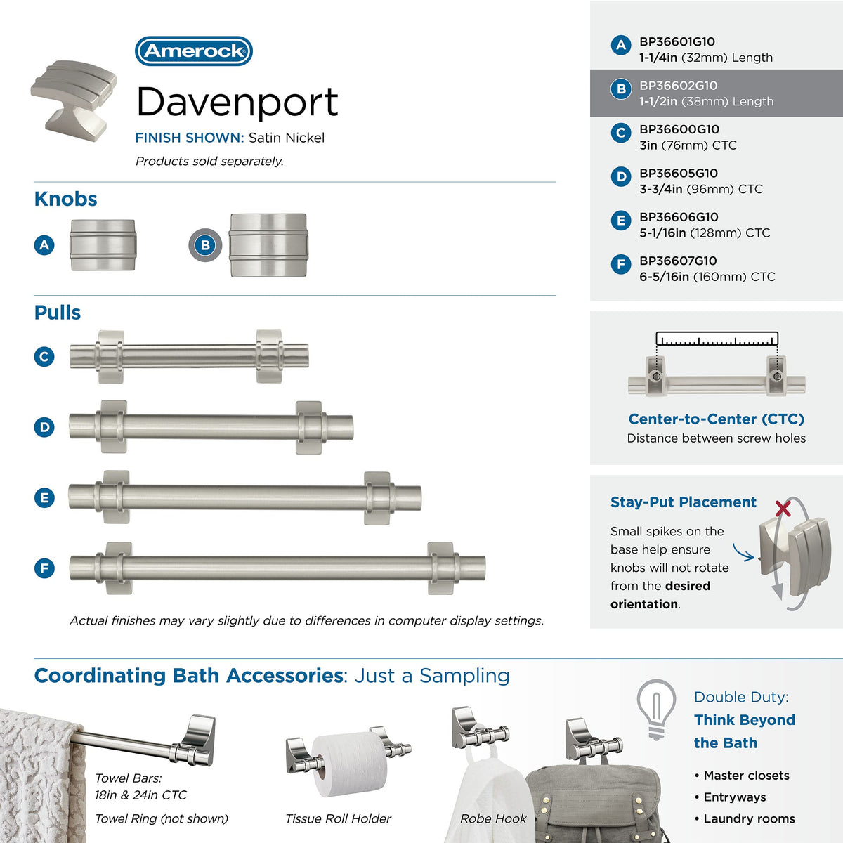 Amerock Cabinet Knob Satin Nickel 1-1/2 inch (38 mm) Length Davenport 1 Pack Drawer Knob Cabinet Hardware