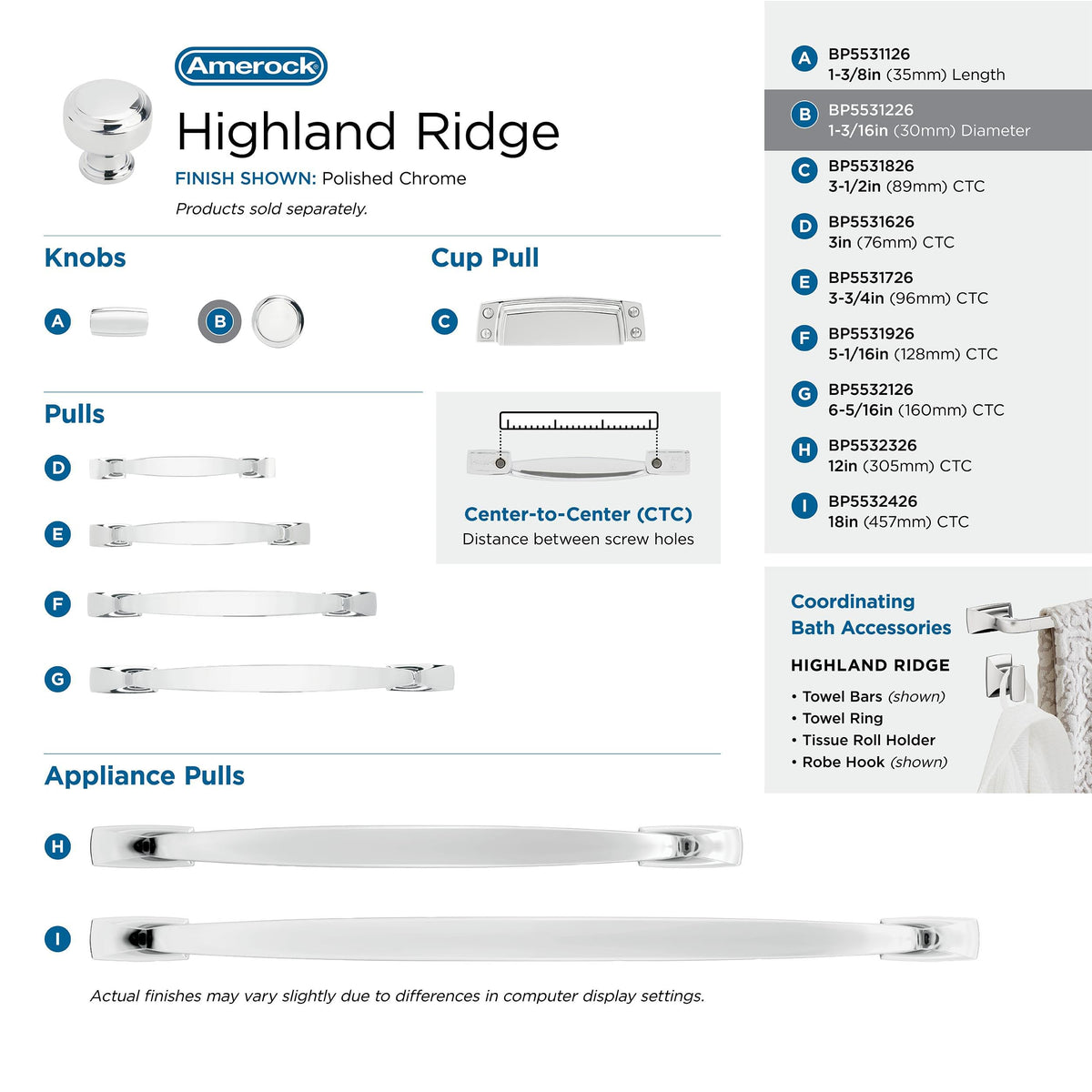 Amerock Cabinet Knob Polished Chrome 1-3/16 inch (30 mm) Diameter Highland Ridge 1 Pack Drawer Knob Cabinet Hardware