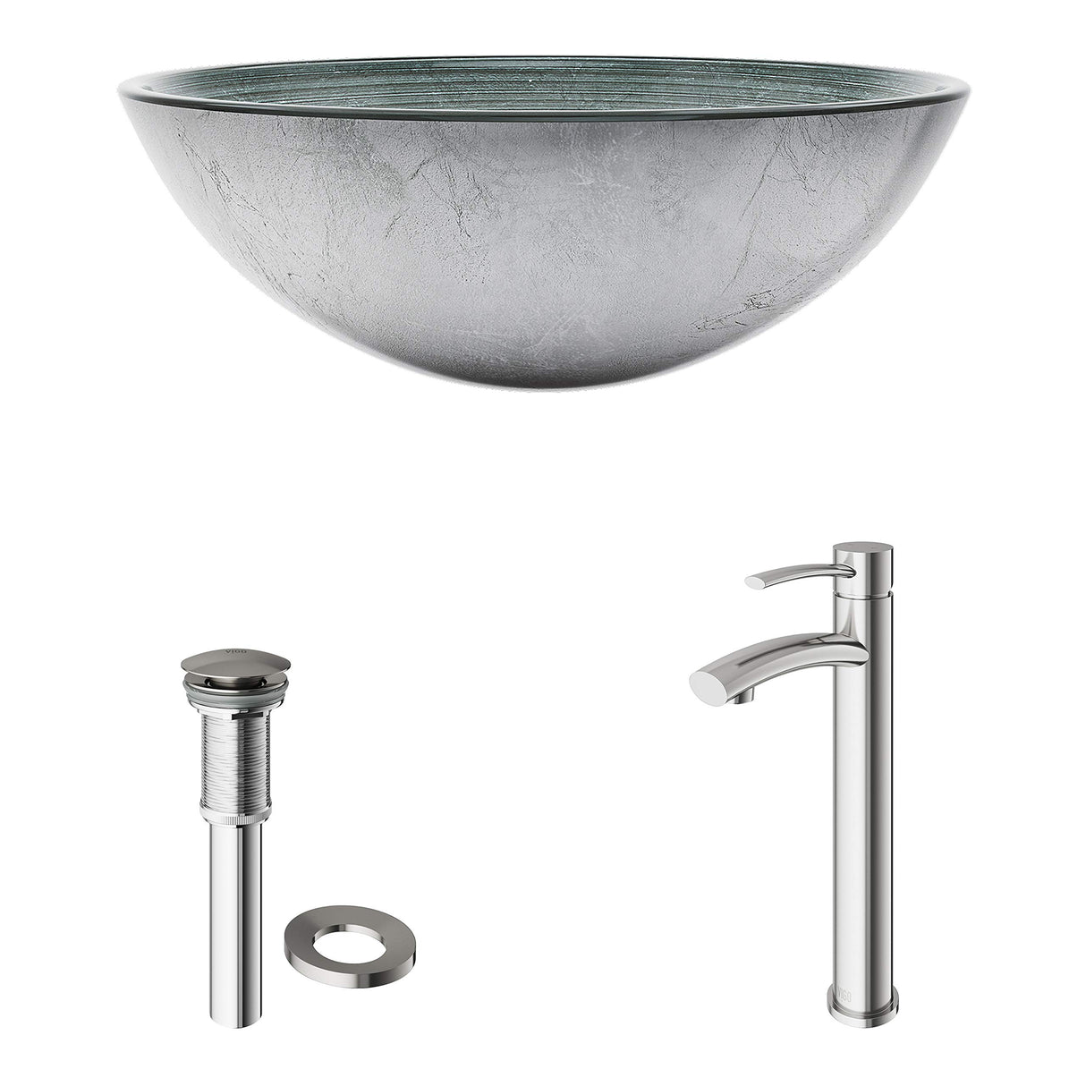 VIGO VGT1062 16.5" L -16.5" W -12.5" H Handmade Glass Round Vessel Bathroom Sink Set in Simply Silver Finish with Brushed Nickel Single-Handle Single Hole Faucet and Pop Up Drain