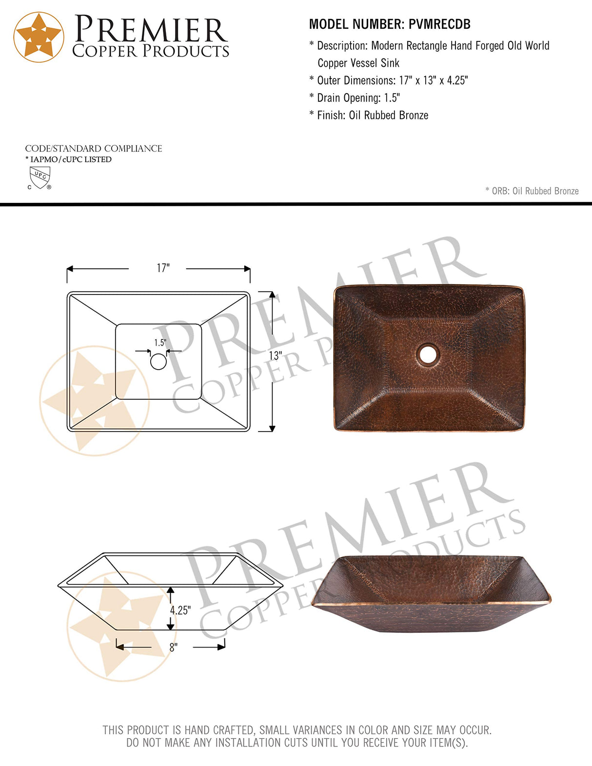 Premier Copper Products PVMRECDB 17-Inch Modern Rectangle Hand Forged Old World Copper Vessel Sink