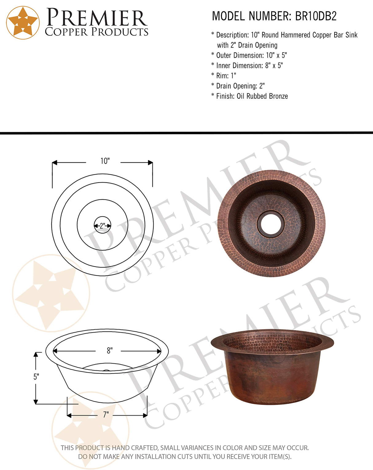 Premier Copper Products BR10DB2 10-Inch Round Hammered Copper Bar Sink w/ 2-Inch Drain Opening