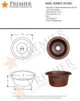 Premier Copper Products BR10DB2 10-Inch Round Hammered Copper Bar Sink w/ 2-Inch Drain Opening