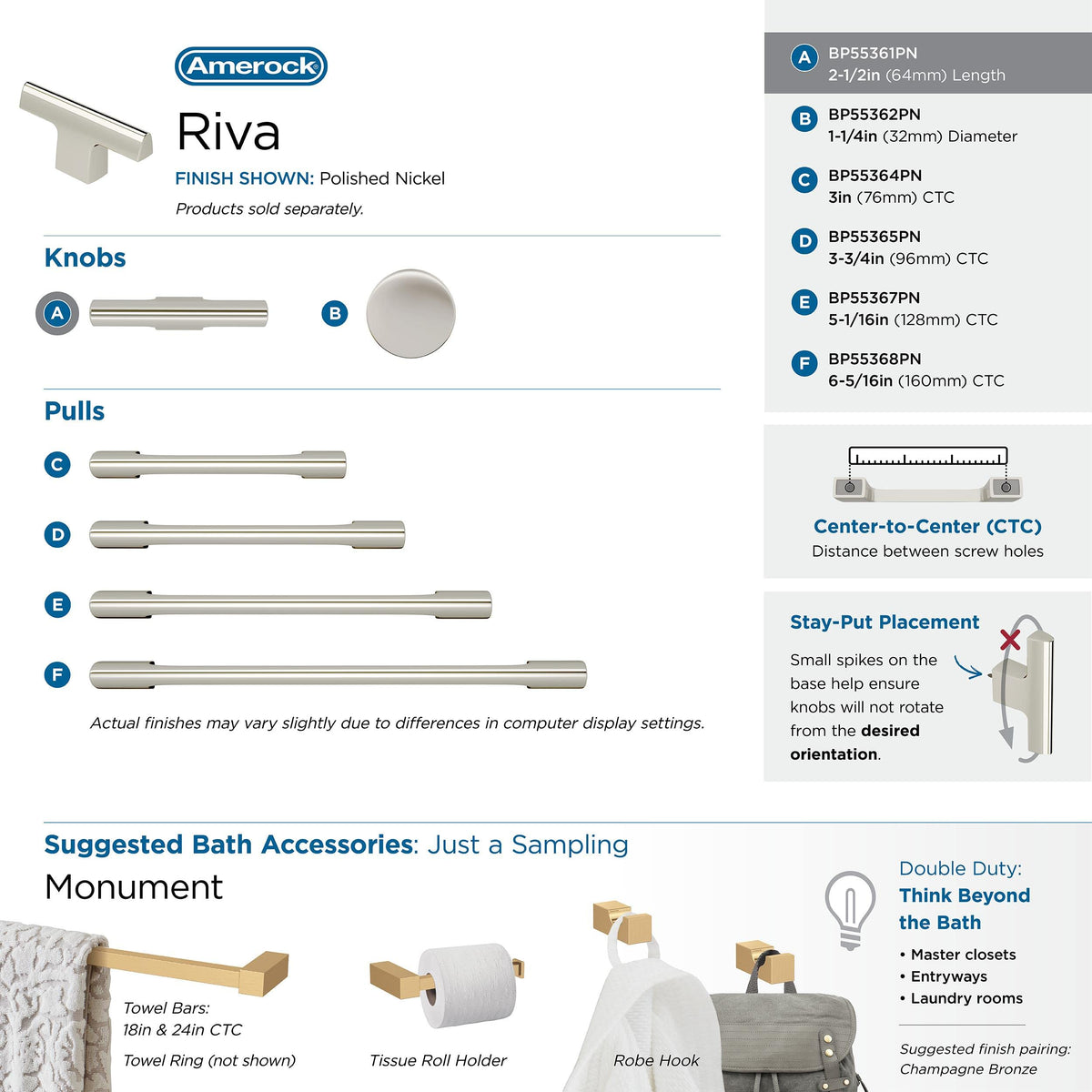 Amerock Cabinet Knob Polished Nickel 2-1/2 inch (64 mm) Length Riva 1 Pack Drawer Knob Cabinet Hardware