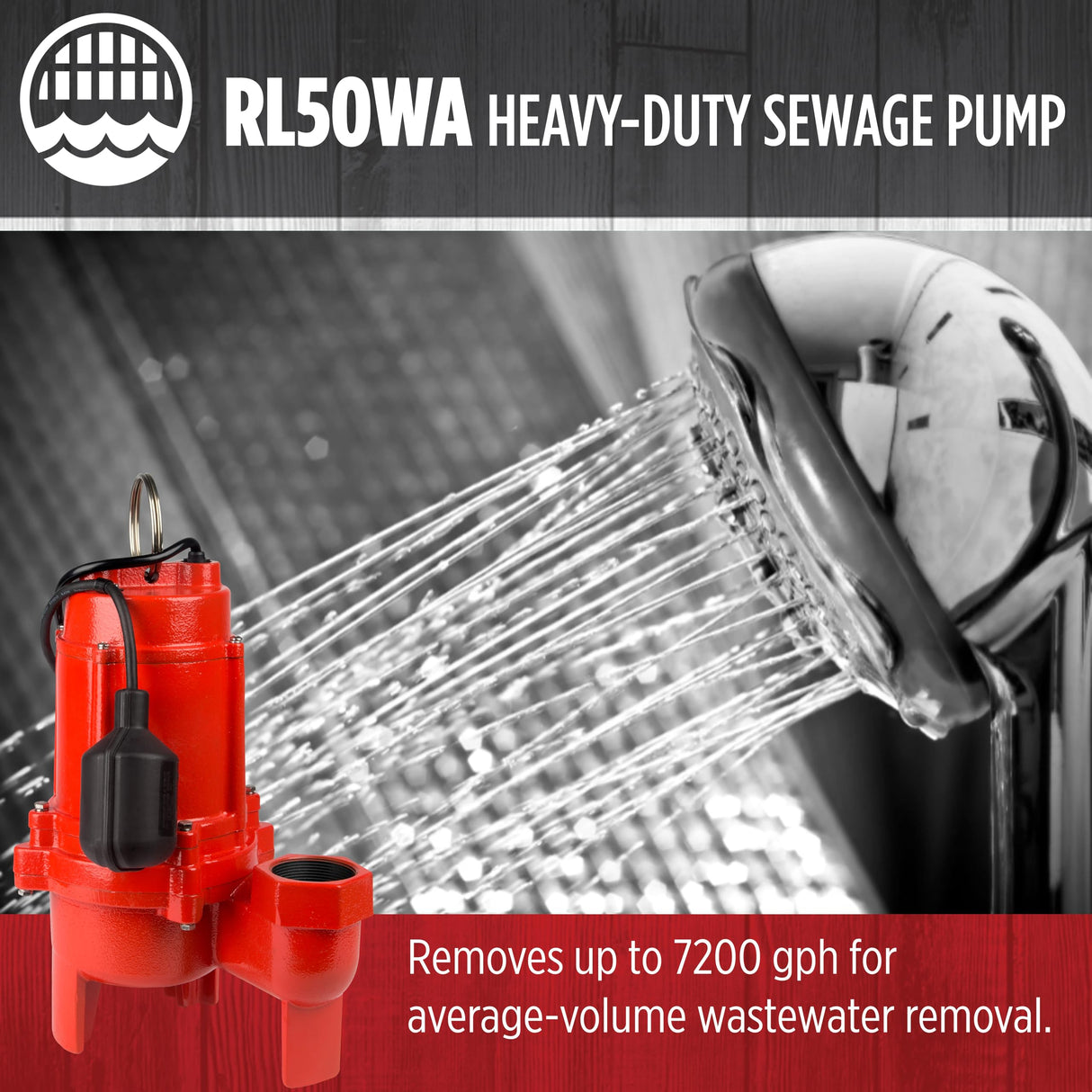 Red Lion RL50WA 115 Volt, 1/2 HP, 7200 GPH Sewage Pump with Piggyback Tethered Switch and 20-Ft. Power Cord, Red, 14942663