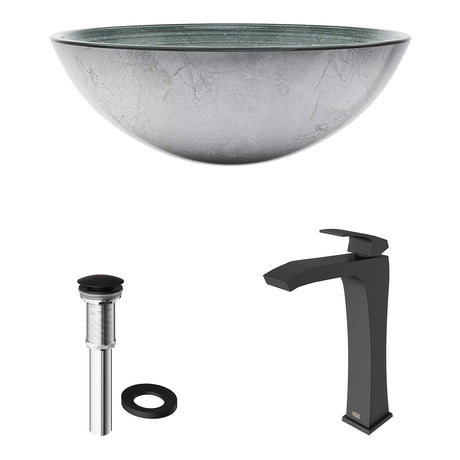 VIGO VGT609 16.5" L -16.5" W -11.63" H Handmade Glass Round Vessel Bathroom Sink Set in Simply Silver Finish with Matte Black Single-Handle Waterfall Single Hole Faucet and Pop Up Drain