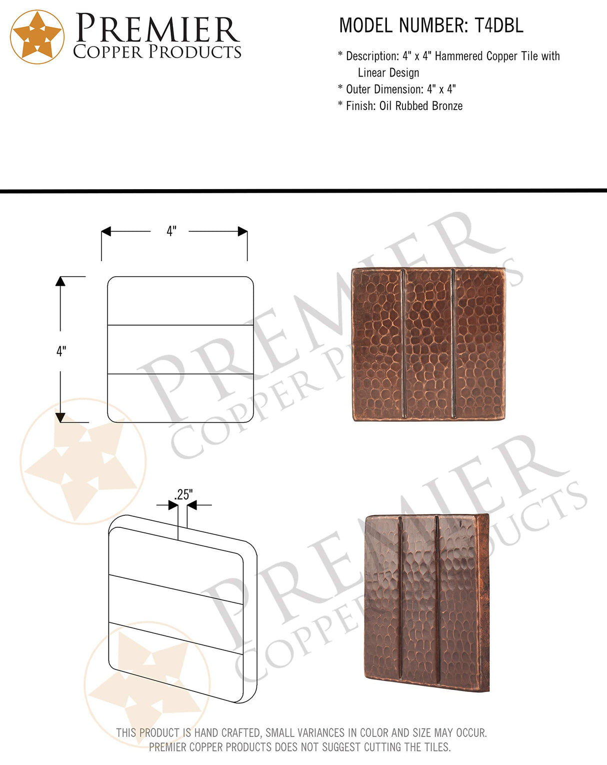 Premier Copper Products T4DBL 4-Inch x 4-Inch Hammered Copper Tile with Linear Design