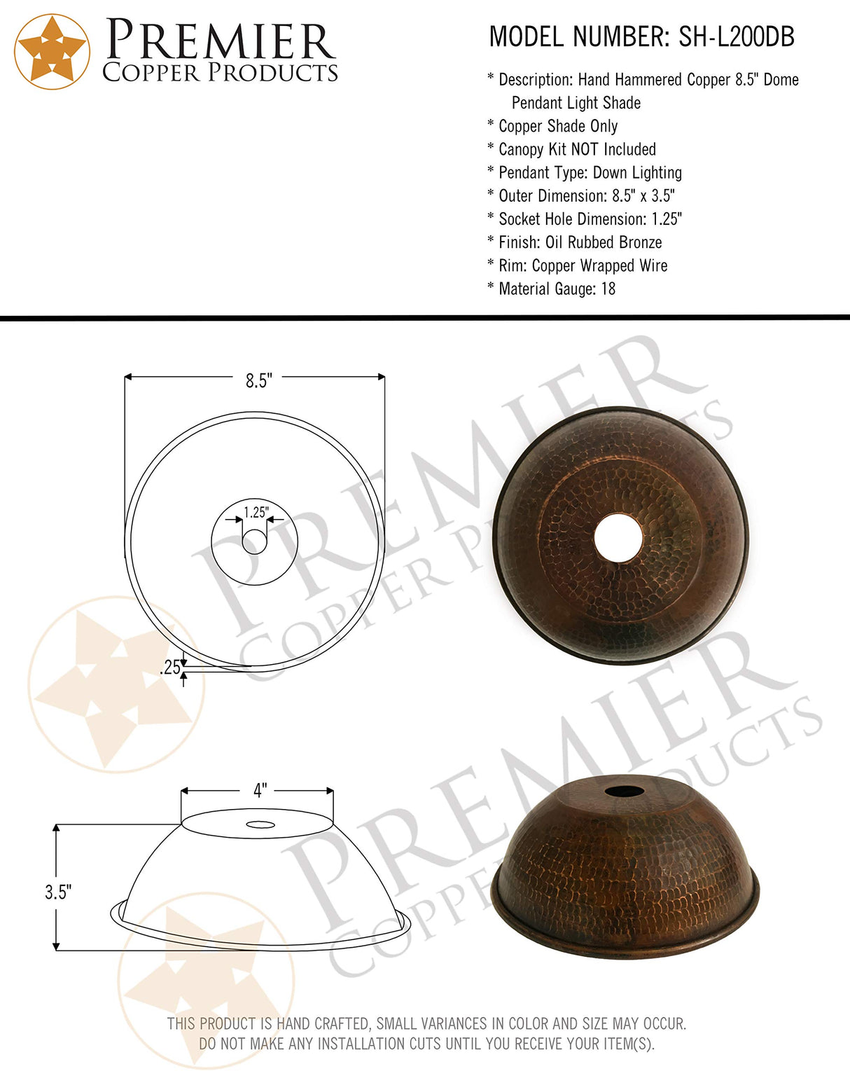 Premier Copper Products SH-L200DB Hand Hammered Copper 8.5-Inch Dome Pendant Light Shade