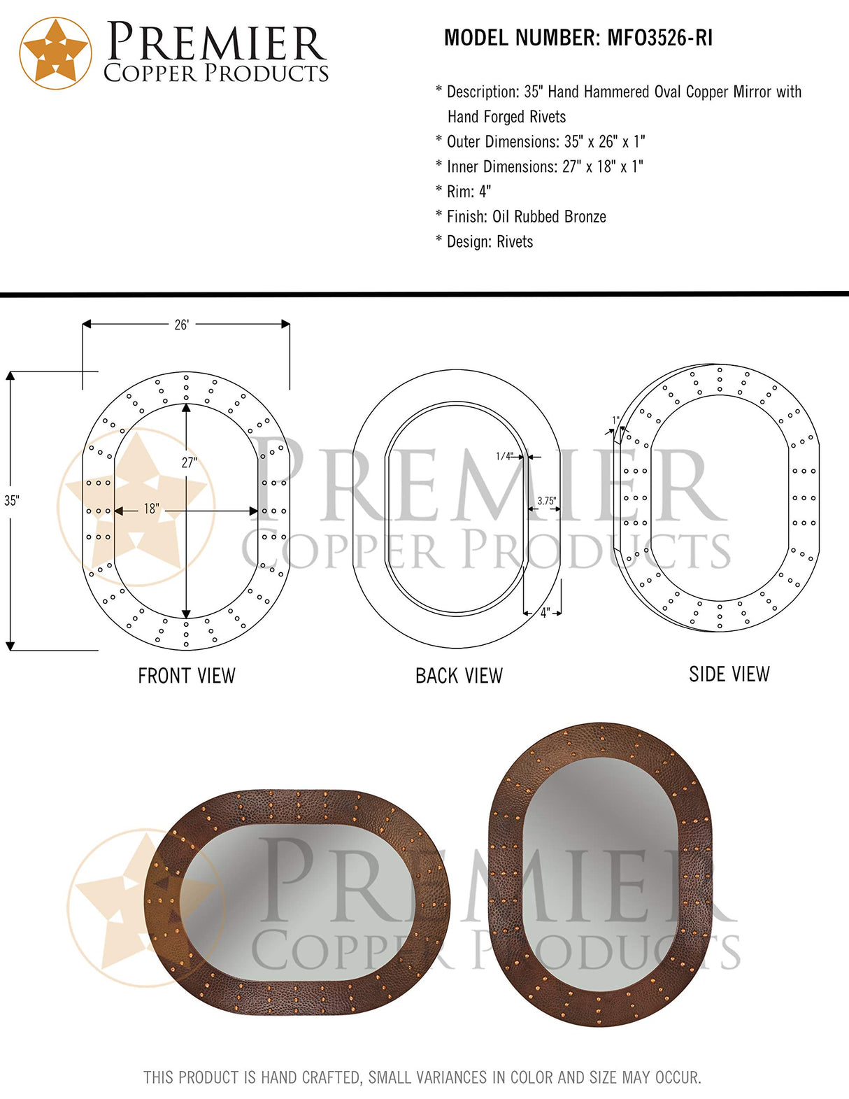 Premier Copper Products MFO3526-RI 35-Inch Hand Hammered Oval Copper Mirror with Hand Forged Rivets