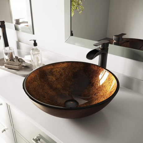 VIGO VGT1077 16.5" L -16.5" W -10.5" H Handmade Countertop Glass Round Vessel Bathroom Sink Set in Gold and Brown Fusion Finish with Antique Rubbed Bronze Single-Handle Faucet and Pop Up Drain