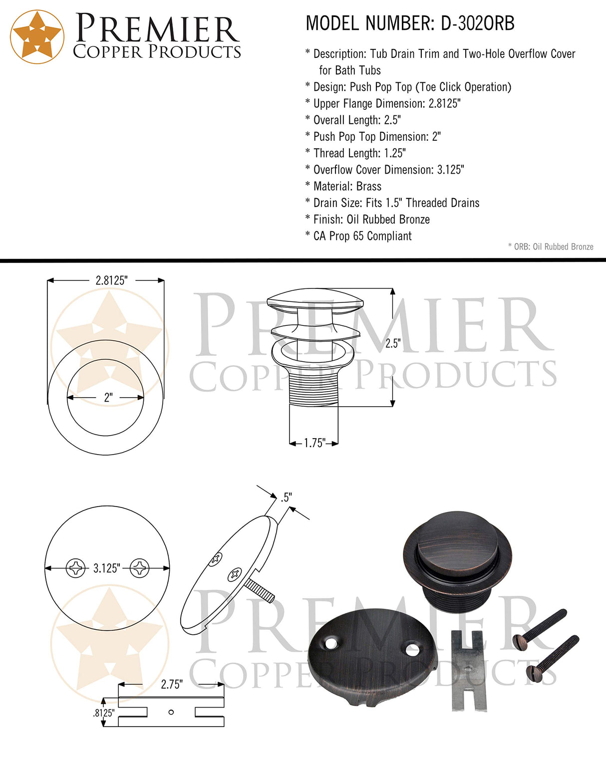 Premier Copper Products D-302ORB Tub Drain Trim and Two-Hole Overflow Cover for Bath Tubs, Oil Rubbed Bronze