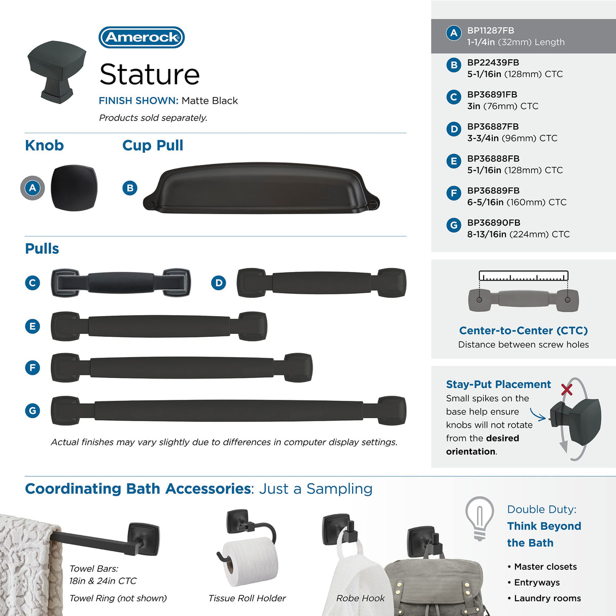 Amerock Cabinet Knob Matte Black 1-1/4 inch (32 mm) Length Stature 1 Pack Drawer Knob Cabinet Hardware