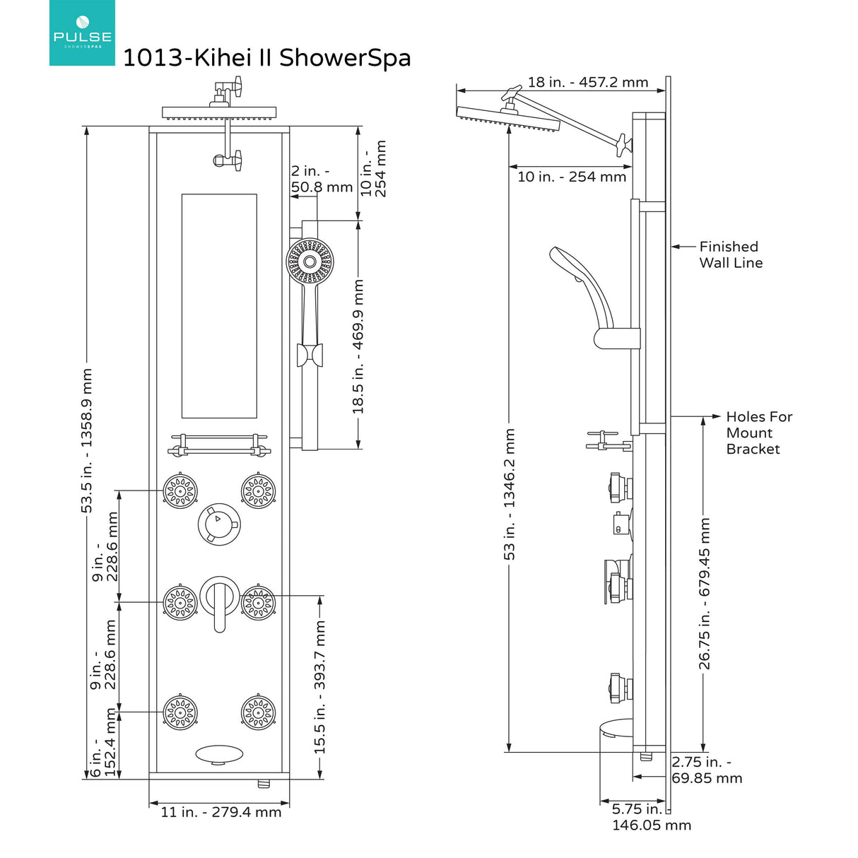 PULSE ShowerSpas 1013-GL Kihei II ShowerSpa Panel with 8" Rain Showerhead, 6 Body Sprays, 5-Function Hand Shower, Glass Shelf, Mirror, Tub Spout, Silver with Chrome Fixtures