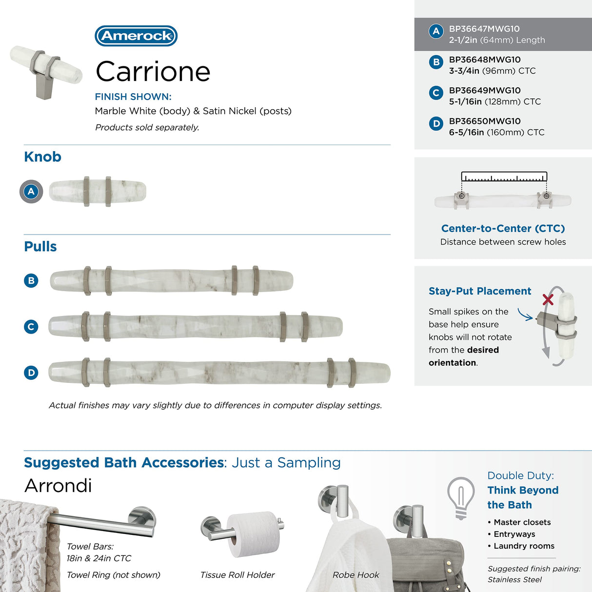 Amerock Cabinet Knob Marble White/Satin Nickel 2-1/2 inch (64 mm) Length Carrione 1 Pack Drawer Knob Cabinet Hardware